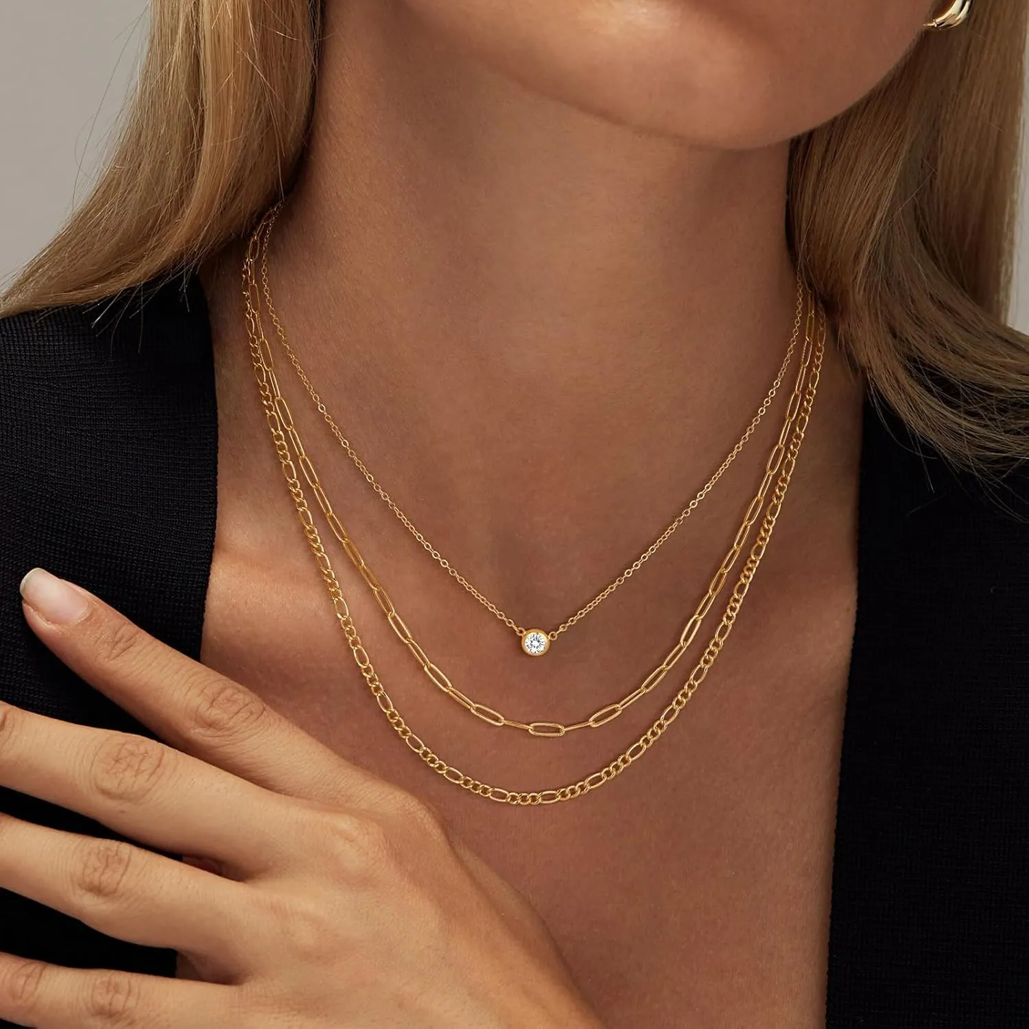 MBW Gold Layered Set Necklaces for Women, Dainty 14K Gold Plated Layered CZ Pendant Necklaces Simple Gold Herringbone Snake Choker Cuban Link Paperclip Chain Necklace Jewelry Sets for Women Girls