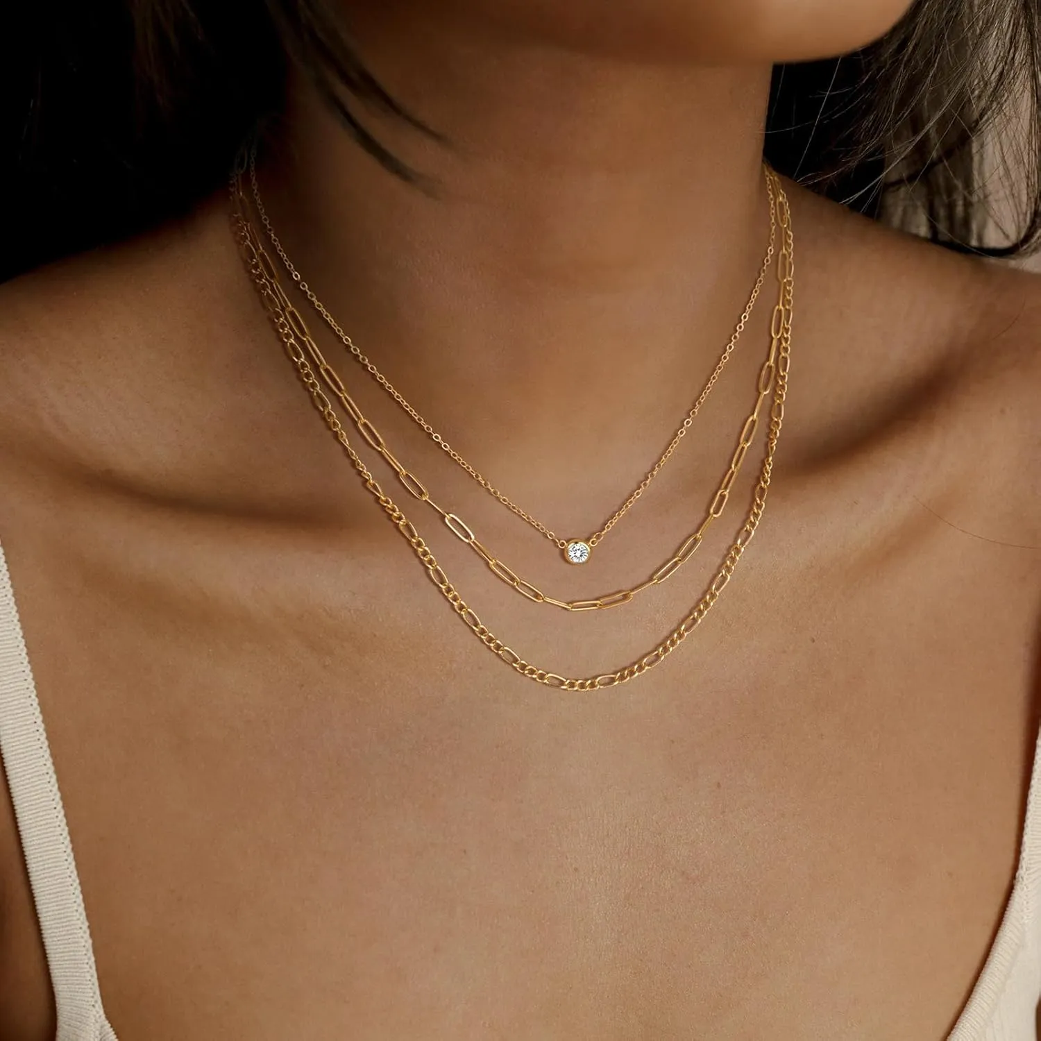MBW Gold Layered Set Necklaces for Women, Dainty 14K Gold Plated Layered CZ Pendant Necklaces Simple Gold Herringbone Snake Choker Cuban Link Paperclip Chain Necklace Jewelry Sets for Women Girls