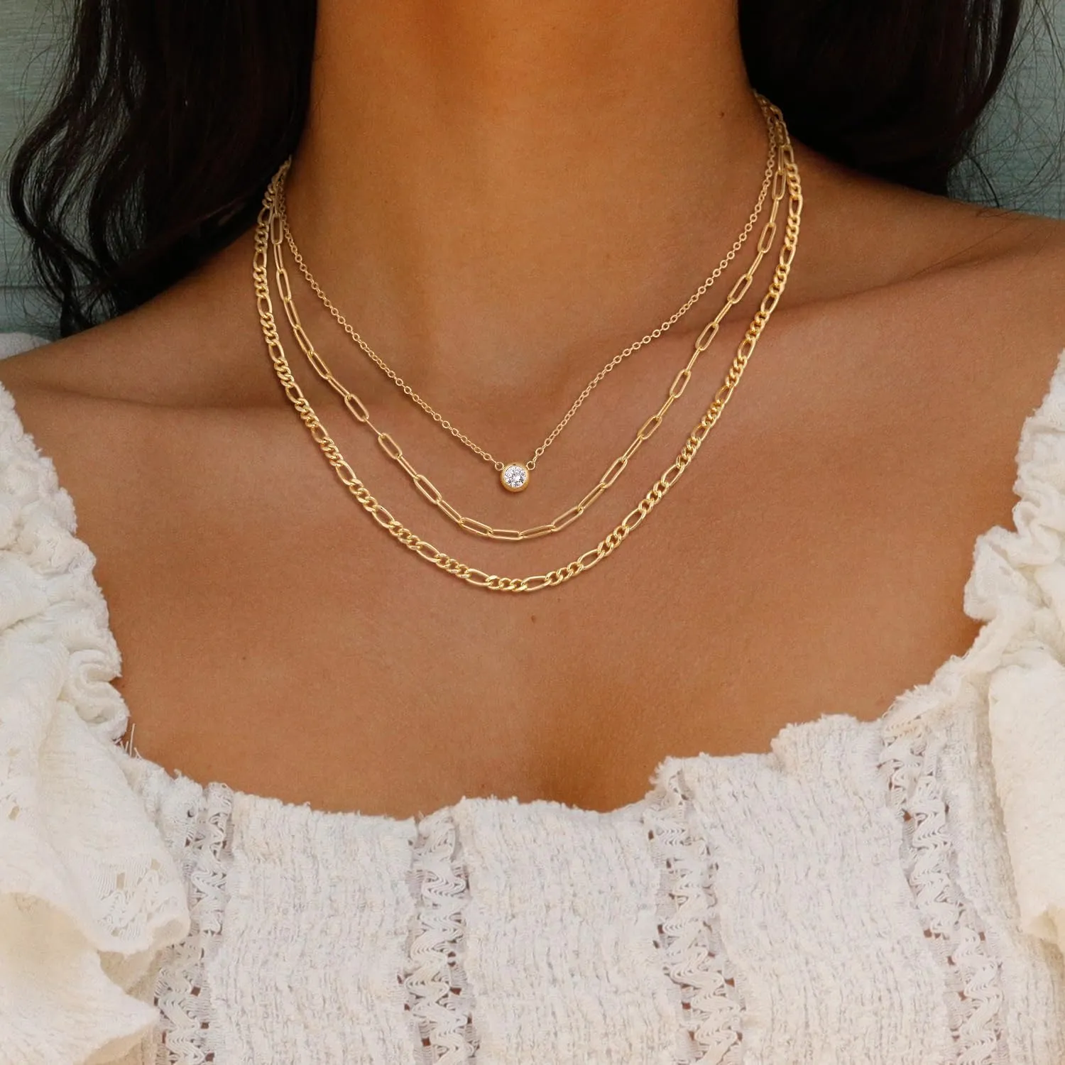 MBW Gold Layered Set Necklaces for Women, Dainty 14K Gold Plated Layered CZ Pendant Necklaces Simple Gold Herringbone Snake Choker Cuban Link Paperclip Chain Necklace Jewelry Sets for Women Girls