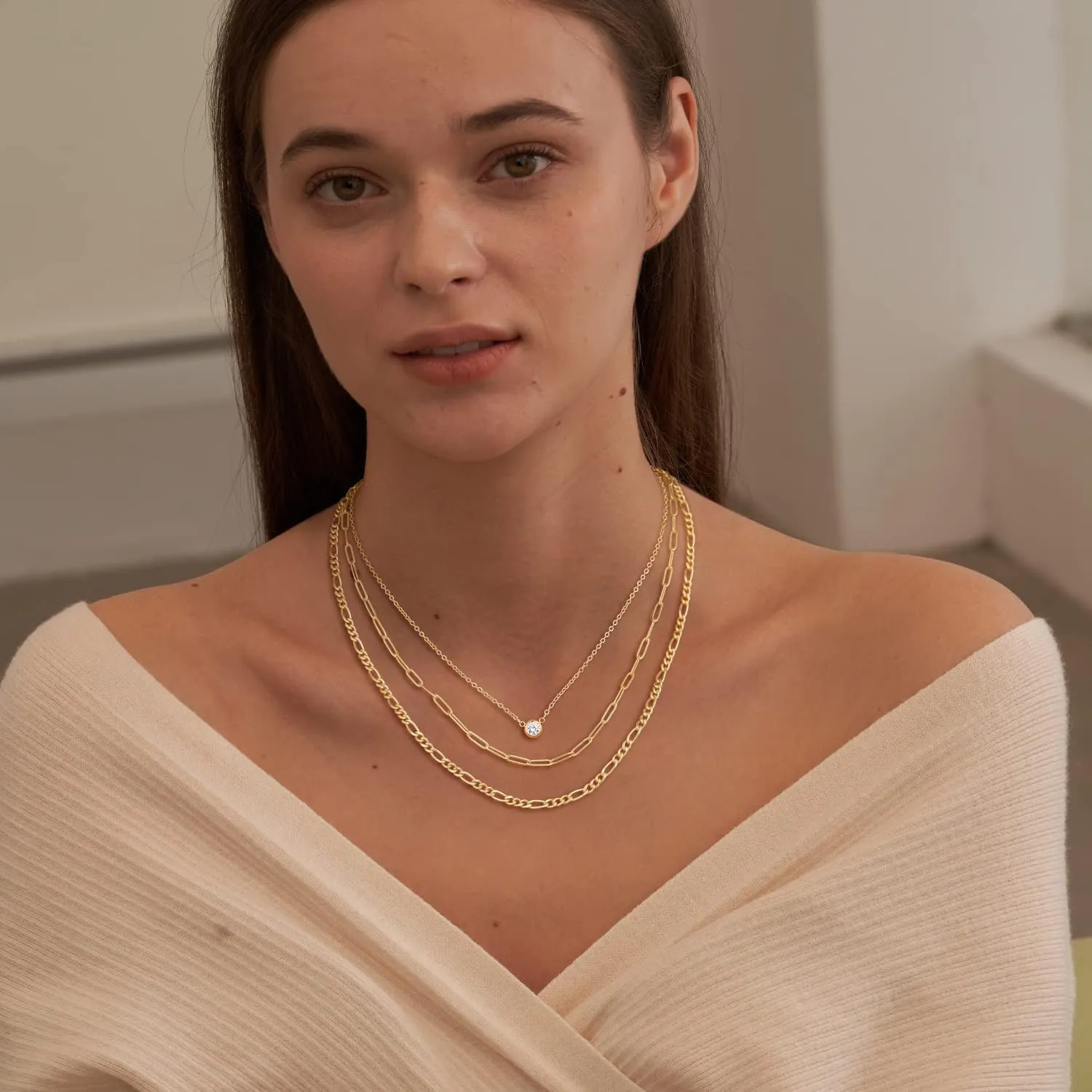 MBW Gold Layered Set Necklaces for Women, Dainty 14K Gold Plated Layered CZ Pendant Necklaces Simple Gold Herringbone Snake Choker Cuban Link Paperclip Chain Necklace Jewelry Sets for Women Girls