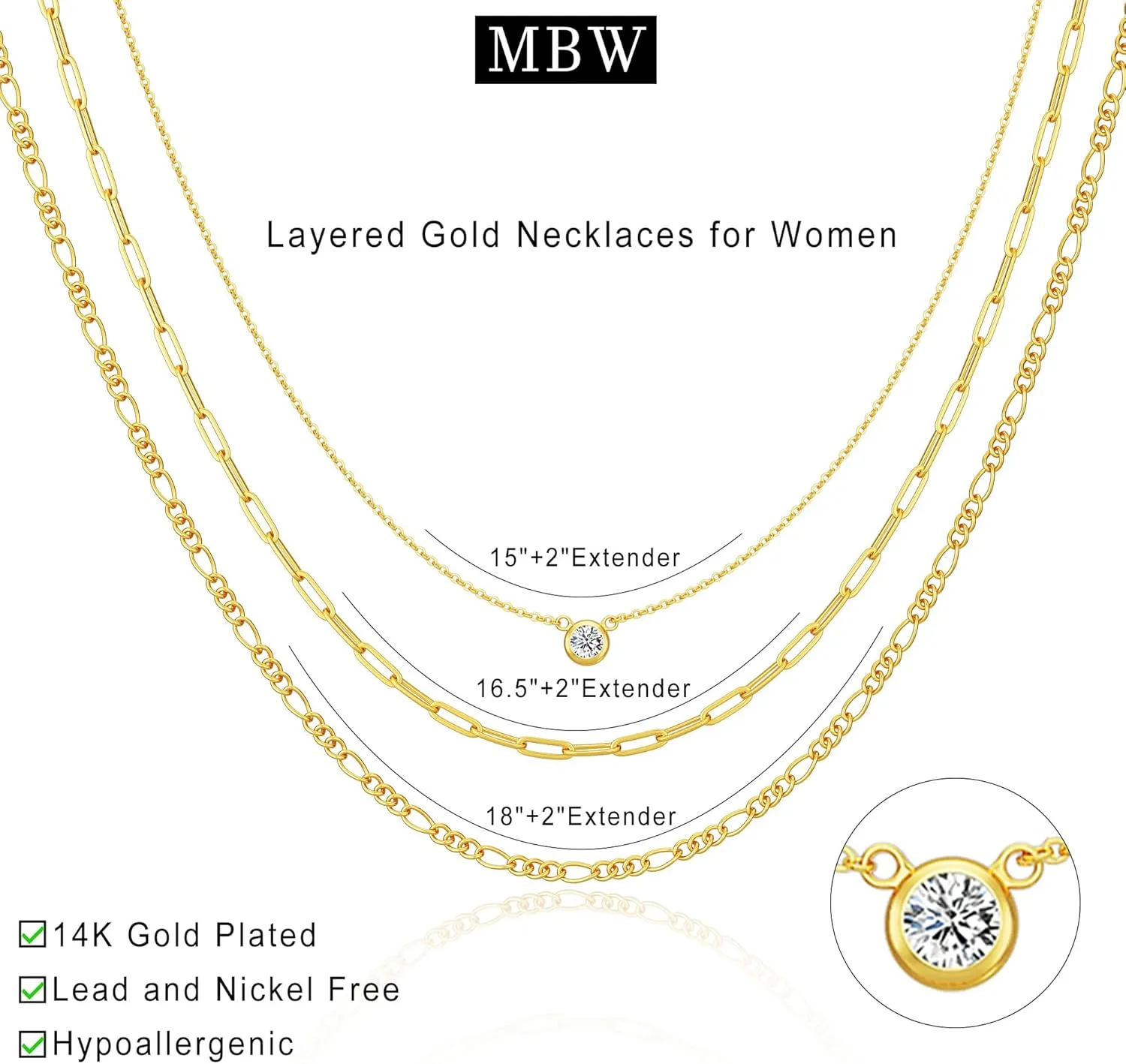 MBW Gold Layered Set Necklaces for Women, Dainty 14K Gold Plated Layered CZ Pendant Necklaces Simple Gold Herringbone Snake Choker Cuban Link Paperclip Chain Necklace Jewelry Sets for Women Girls