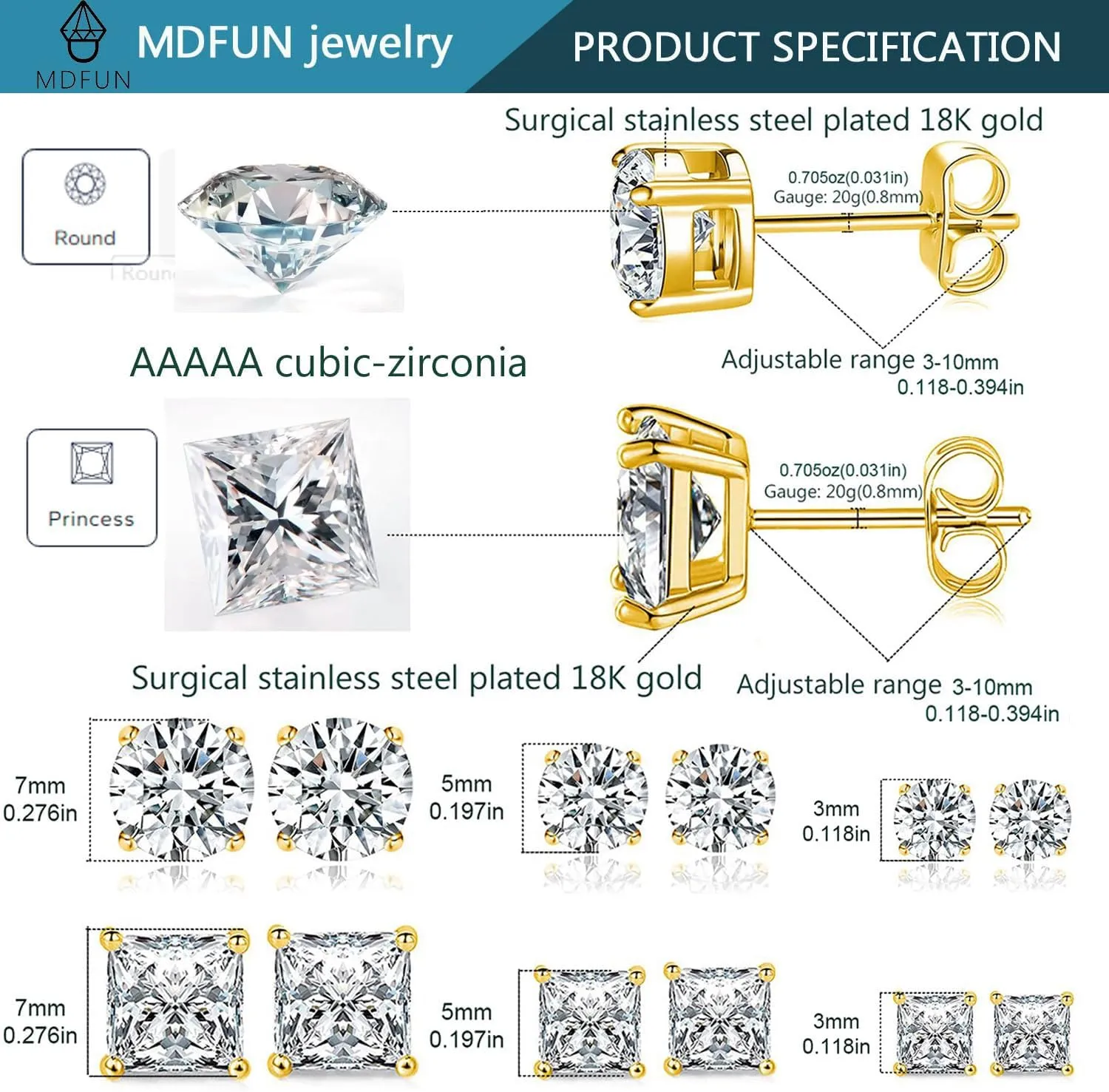 MDFUN 6 Pairs Stud Earrings Set 3mm/5mm/7mm Princess & Round Cubic Zirconia Earrings Hypoallergenic 316L Surgical Stainless Steel CZ Earrings for Women Men