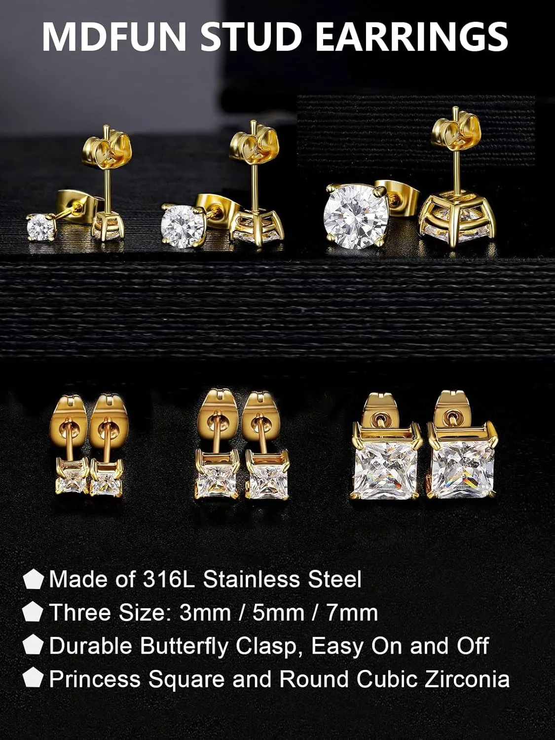 MDFUN 6 Pairs Stud Earrings Set 3mm/5mm/7mm Princess & Round Cubic Zirconia Earrings Hypoallergenic 316L Surgical Stainless Steel CZ Earrings for Women Men