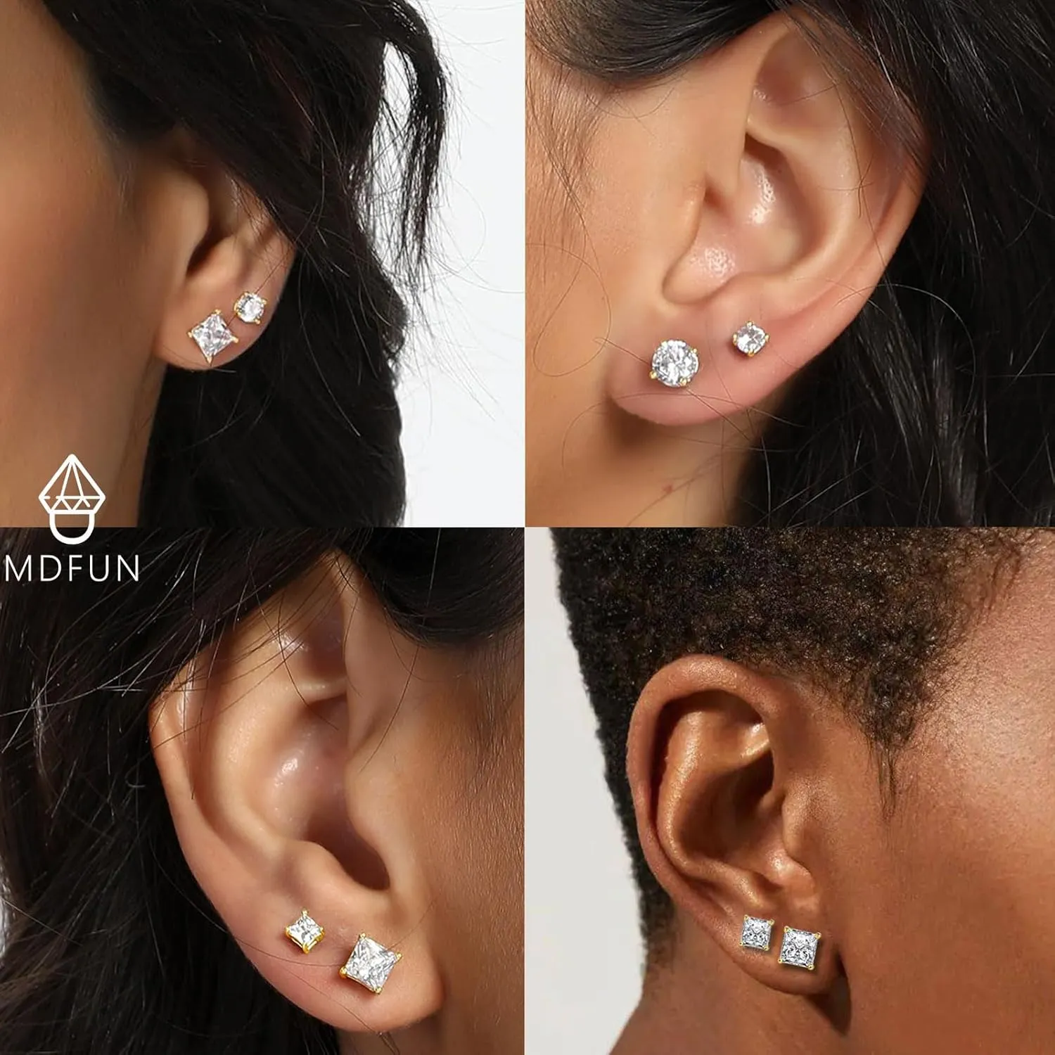 MDFUN 6 Pairs Stud Earrings Set 3mm/5mm/7mm Princess & Round Cubic Zirconia Earrings Hypoallergenic 316L Surgical Stainless Steel CZ Earrings for Women Men