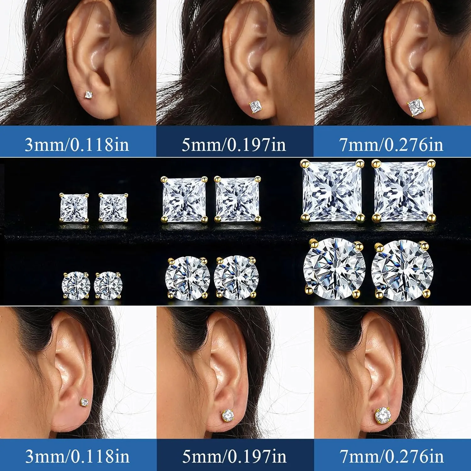 MDFUN 6 Pairs Stud Earrings Set 3mm/5mm/7mm Princess & Round Cubic Zirconia Earrings Hypoallergenic 316L Surgical Stainless Steel CZ Earrings for Women Men