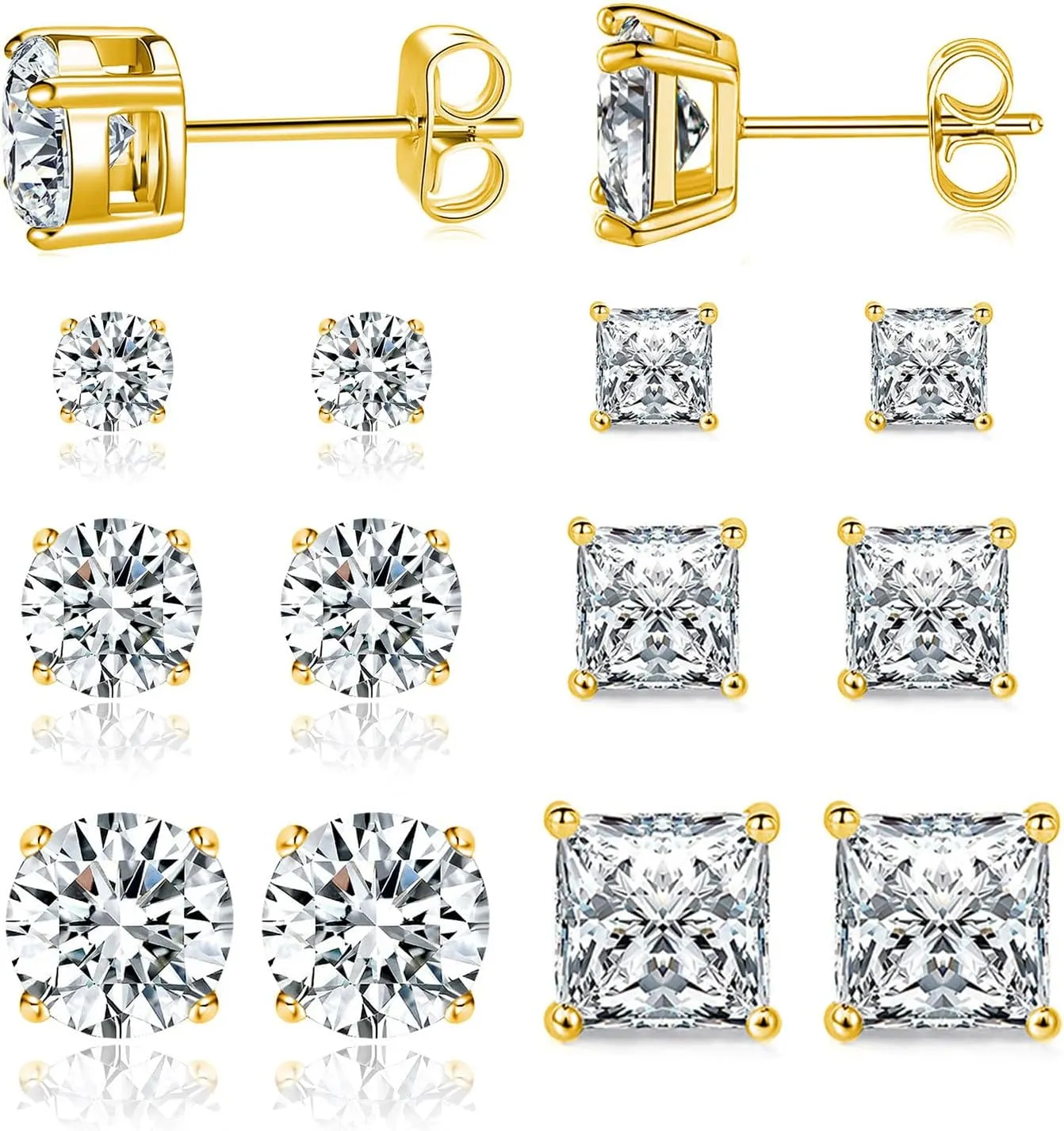 MDFUN 6 Pairs Stud Earrings Set 3mm/5mm/7mm Princess & Round Cubic Zirconia Earrings Hypoallergenic 316L Surgical Stainless Steel CZ Earrings for Women Men