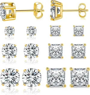 MDFUN 6 Pairs Stud Earrings Set 3mm/5mm/7mm Princess & Round Cubic Zirconia Earrings Hypoallergenic 316L Surgical Stainless Steel CZ Earrings for Women Men