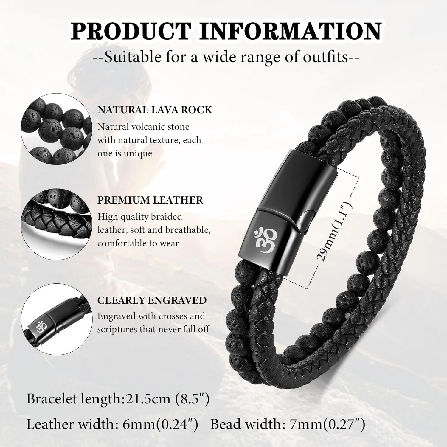 MEALGUET Men's Lava Rock Bracelet Healing Balancing Braided Leather Bracelets with Magnetic Clasp, 2 Layered Symbol Cuff Bracelets, 8.4"
