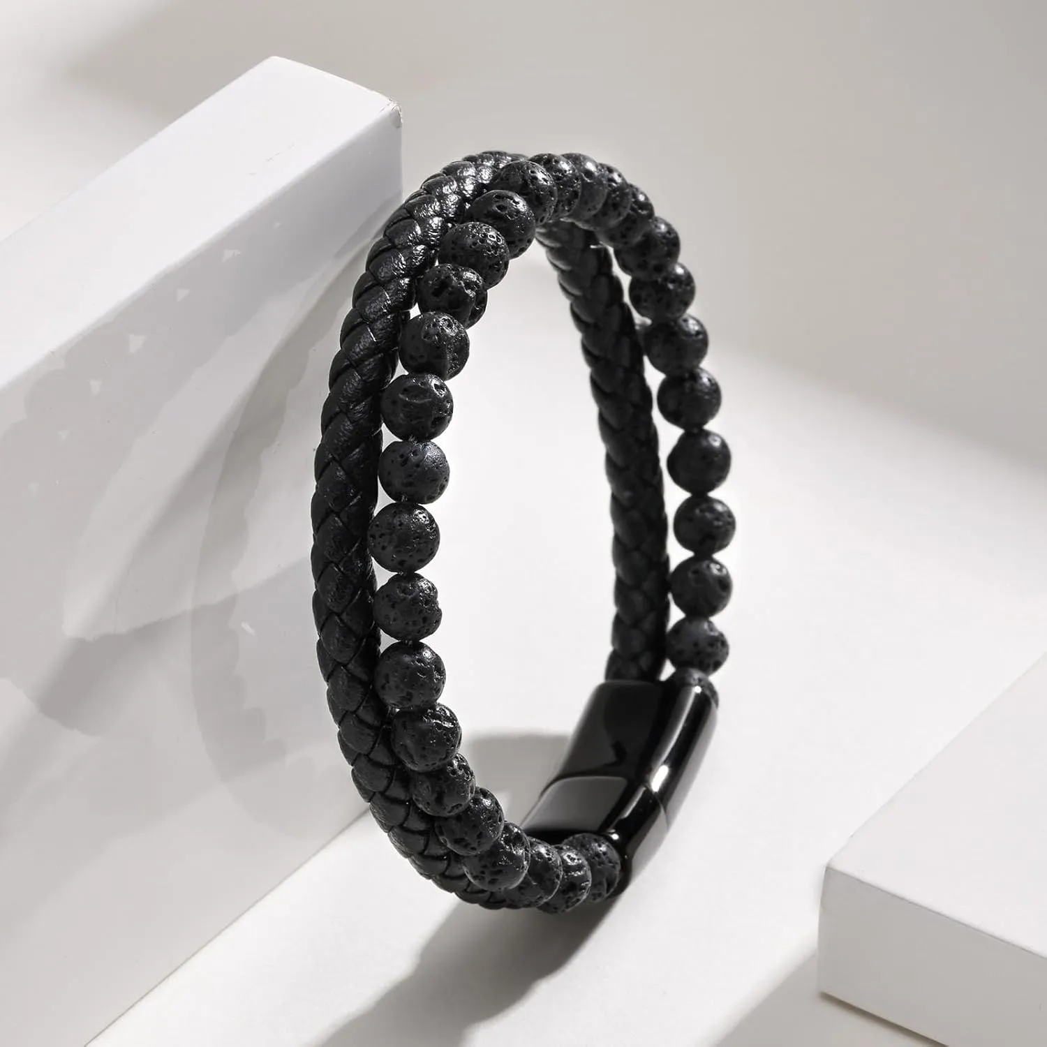 MEALGUET Men's Lava Rock Bracelet Healing Balancing Braided Leather Bracelets with Magnetic Clasp, 2 Layered Symbol Cuff Bracelets, 8.4"
