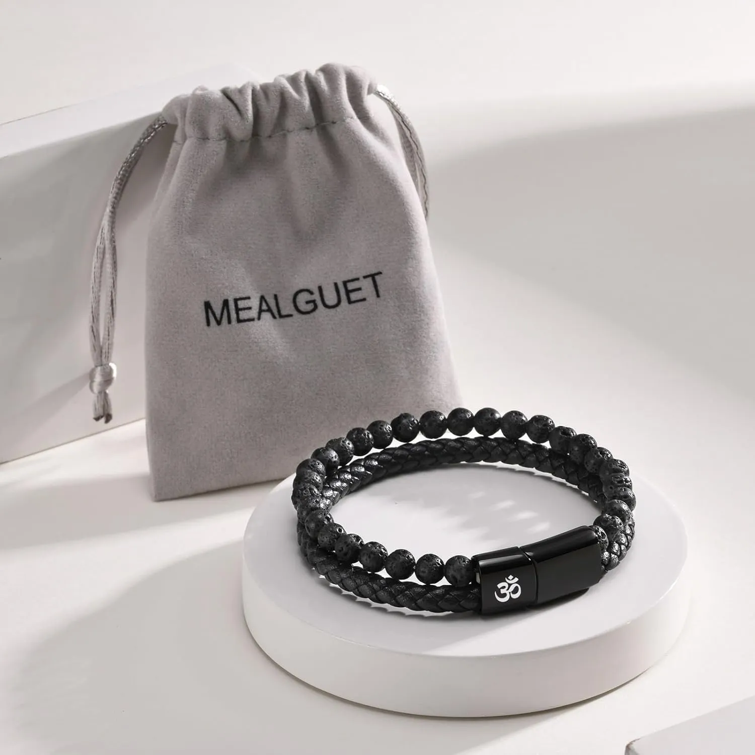 MEALGUET Men's Lava Rock Bracelet Healing Balancing Braided Leather Bracelets with Magnetic Clasp, 2 Layered Symbol Cuff Bracelets, 8.4"