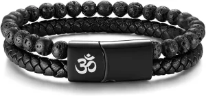 MEALGUET Men's Lava Rock Bracelet Healing Balancing Braided Leather Bracelets with Magnetic Clasp, 2 Layered Symbol Cuff Bracelets, 8.4"