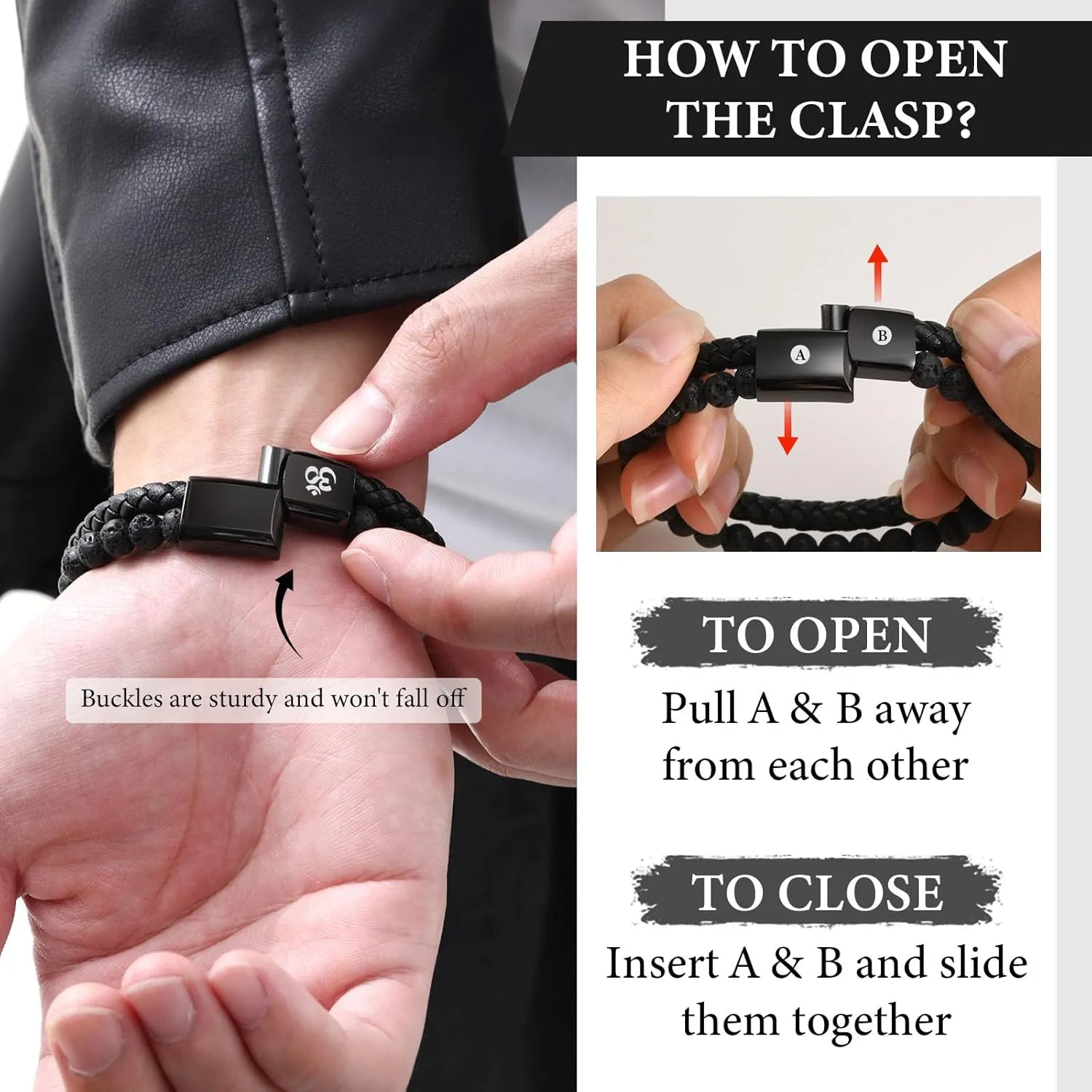 MEALGUET Men's Lava Rock Bracelet Healing Balancing Braided Leather Bracelets with Magnetic Clasp, 2 Layered Symbol Cuff Bracelets, 8.4"