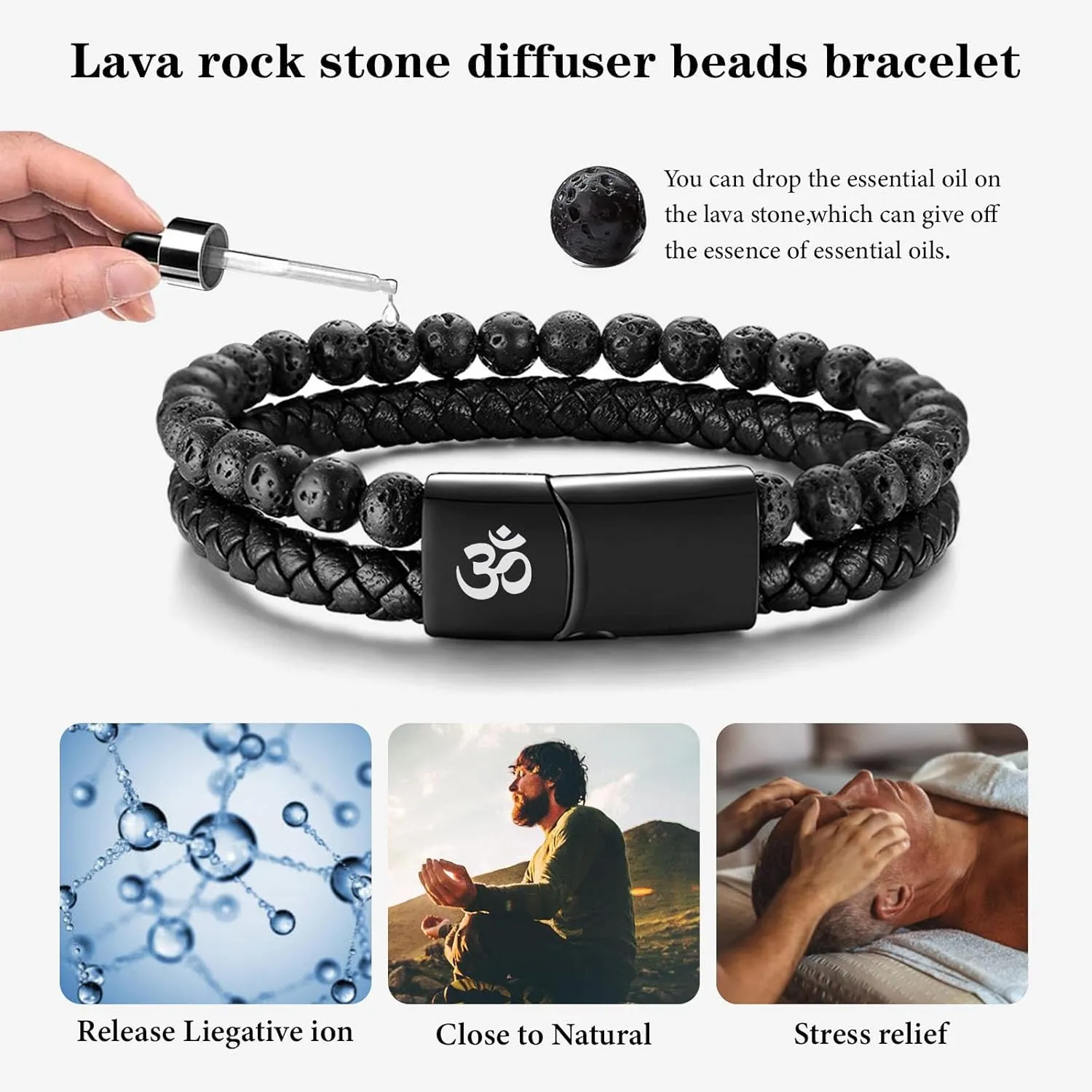 MEALGUET Men's Lava Rock Bracelet Healing Balancing Braided Leather Bracelets with Magnetic Clasp, 2 Layered Symbol Cuff Bracelets, 8.4"