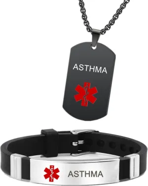 Medical Alert Necklaces and Bracelets Set for Men Women Medic ID Identification Stainless Steel Pendant Necklace & Silicone Cuff Bracelet Allergy Awareness Jewelry for Adult,Customizable,2 Pack