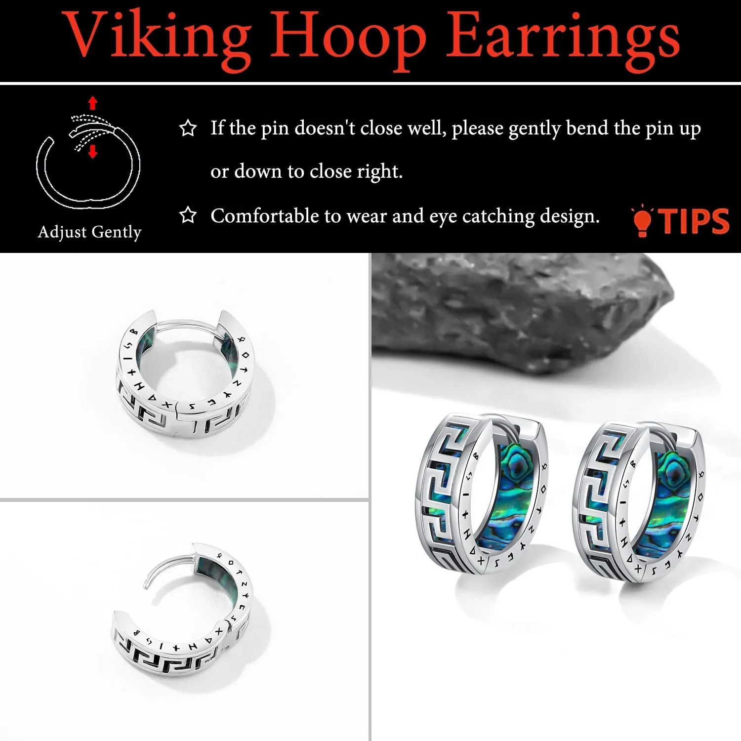 Men Earrings Viking Rune Hoop Celtic Earring for Women Punk 16mm 925 Sterling Silver Huggie Black Blue Hoop Earrings Norse Viking Jewelry Gifts