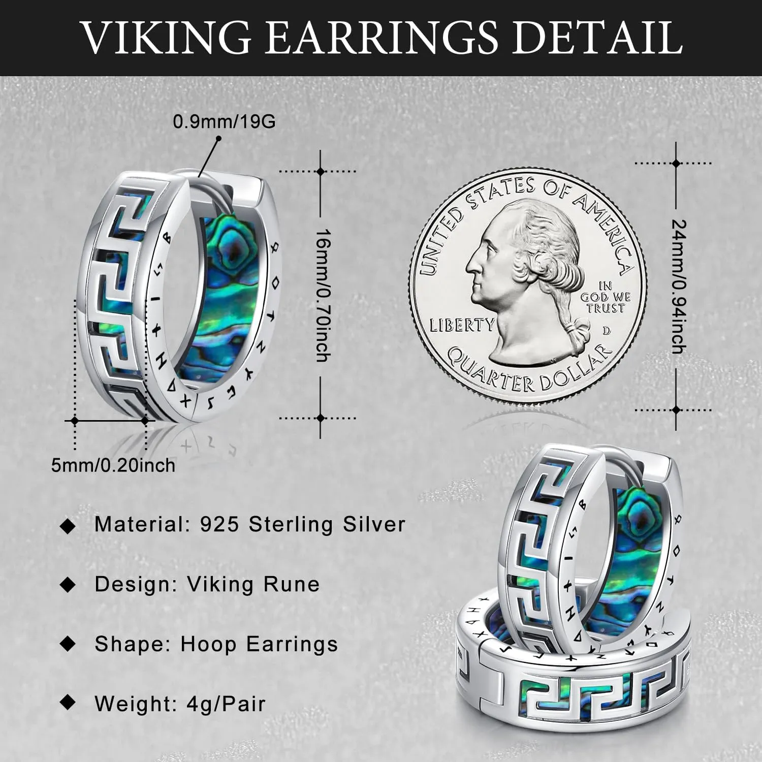 Men Earrings Viking Rune Hoop Celtic Earring for Women Punk 16mm 925 Sterling Silver Huggie Black Blue Hoop Earrings Norse Viking Jewelry Gifts