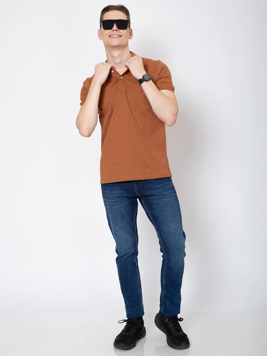 Men Polo Neck Jaquard Round Neck T-Shirt