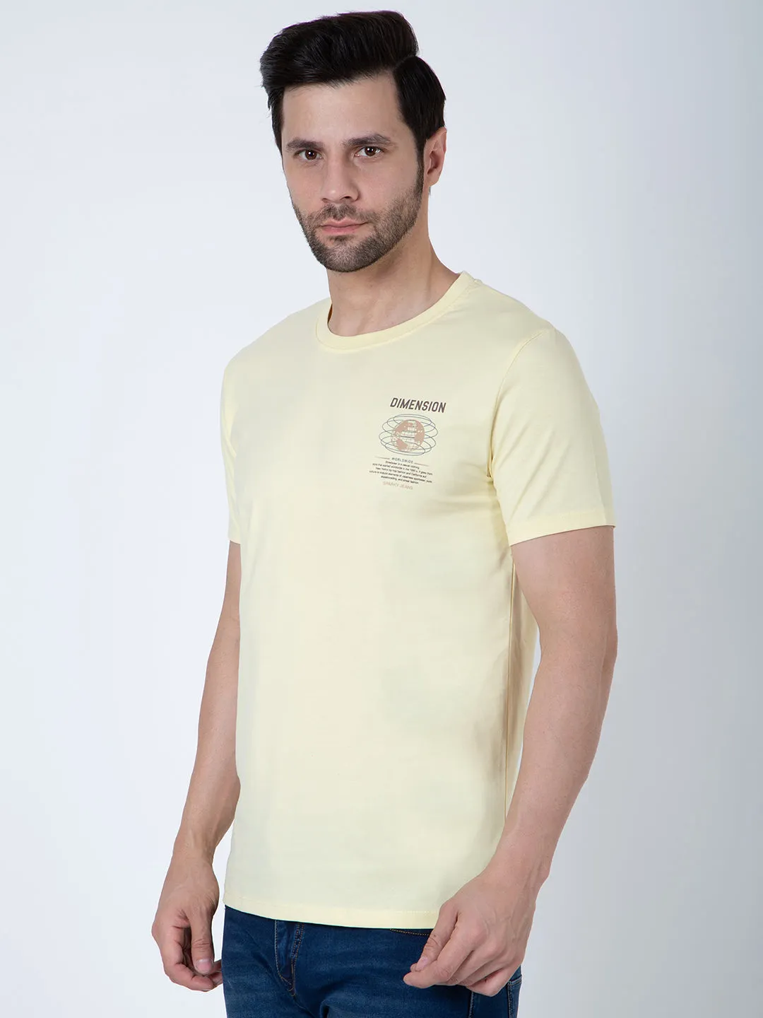 Men Round Neck Light Yellow T-Shirt