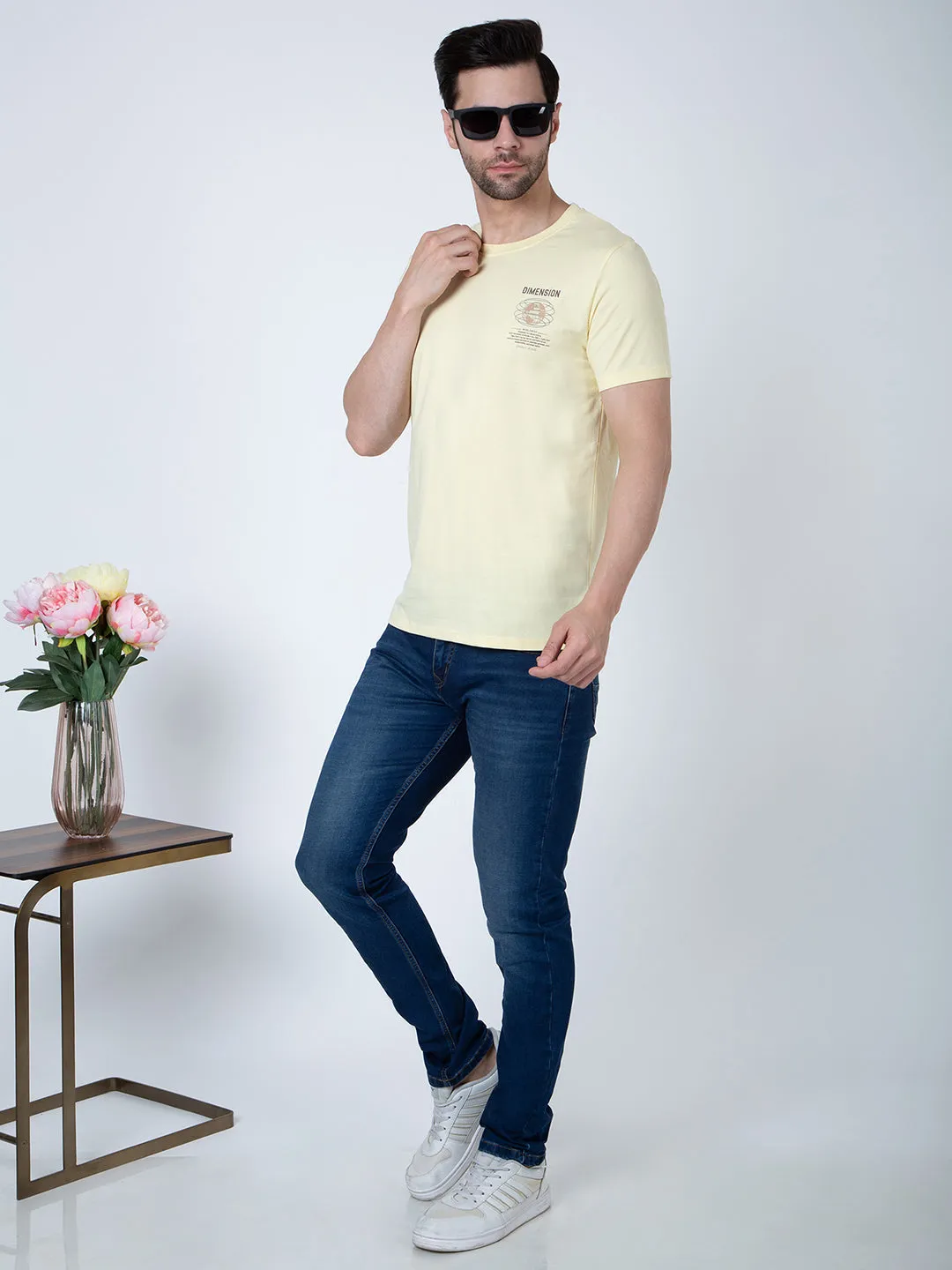 Men Round Neck Light Yellow T-Shirt