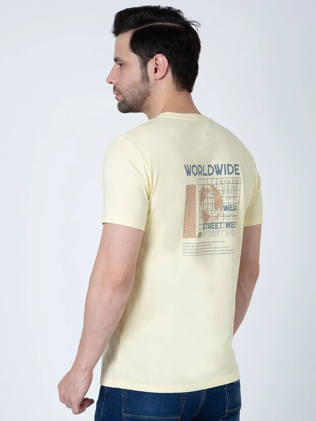 Men Round Neck Light Yellow T-Shirt
