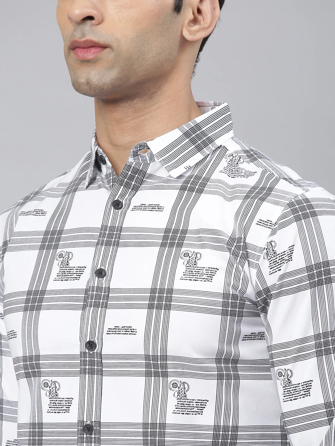 Men's Big Checks Spread Collar Full Sleeves Slim Shirts (White)
