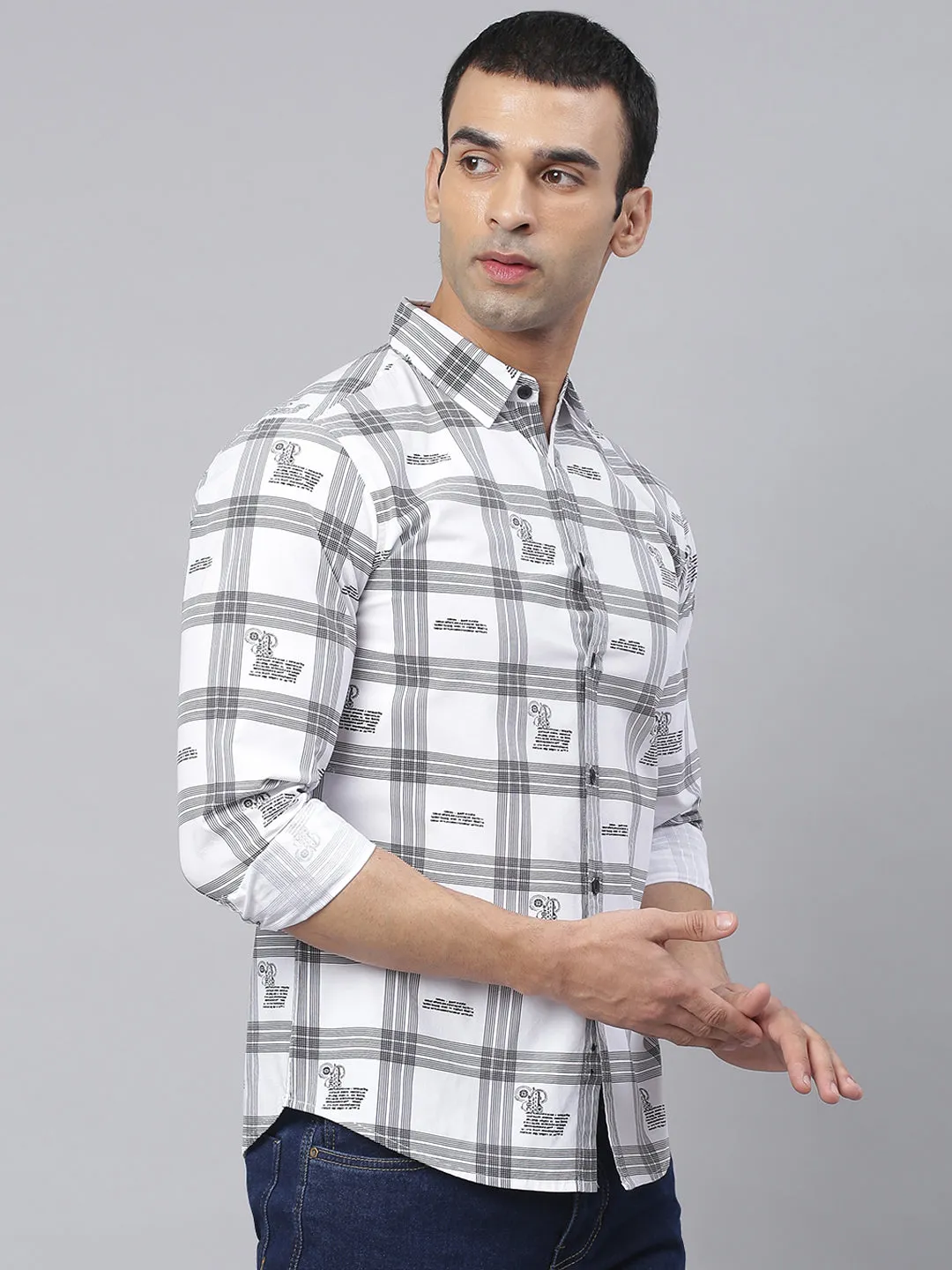 Men's Big Checks Spread Collar Full Sleeves Slim Shirts (White)