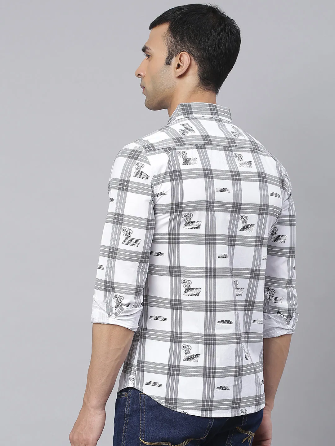 Men's Big Checks Spread Collar Full Sleeves Slim Shirts (White)