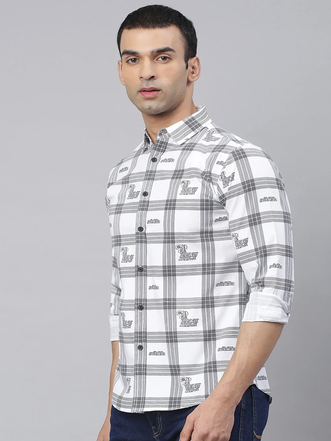 Men's Big Checks Spread Collar Full Sleeves Slim Shirts (White)