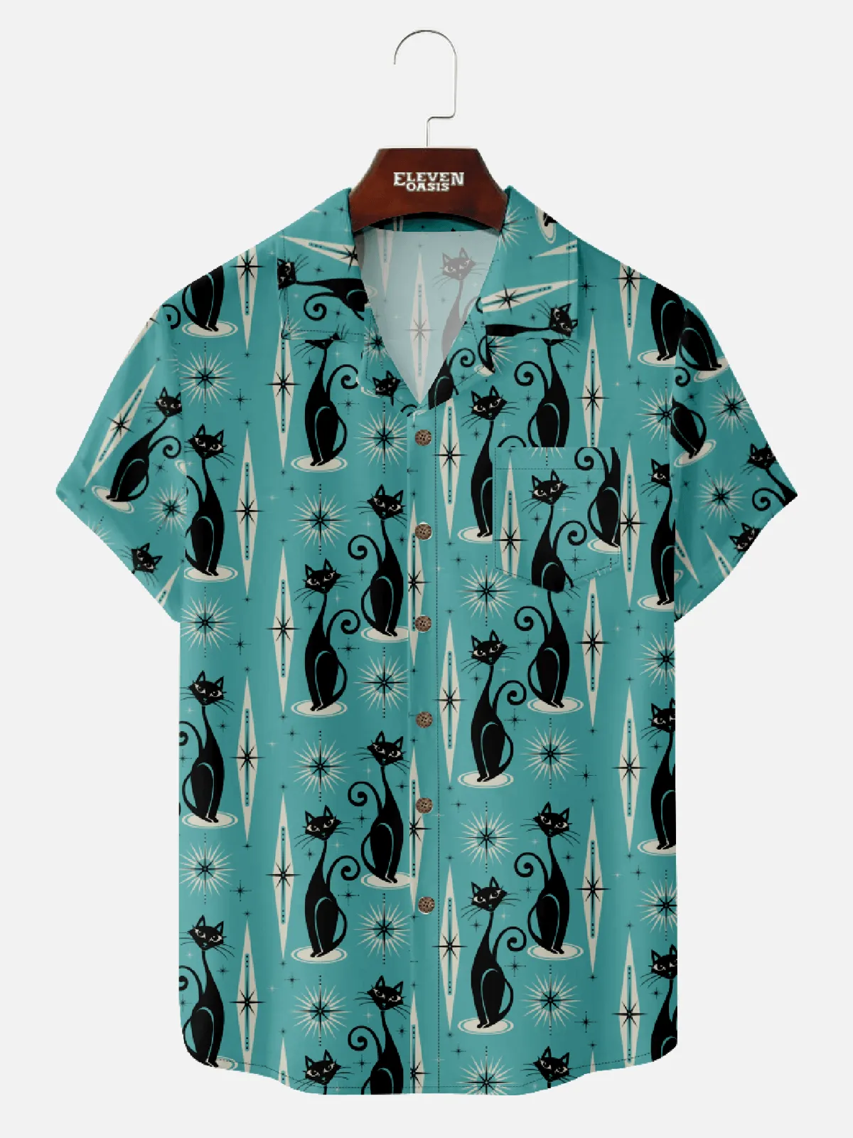 Men’s Mid-Modern Art Camp Collar Short Sleeve Shirt - Cartoon Cat Geometric Print