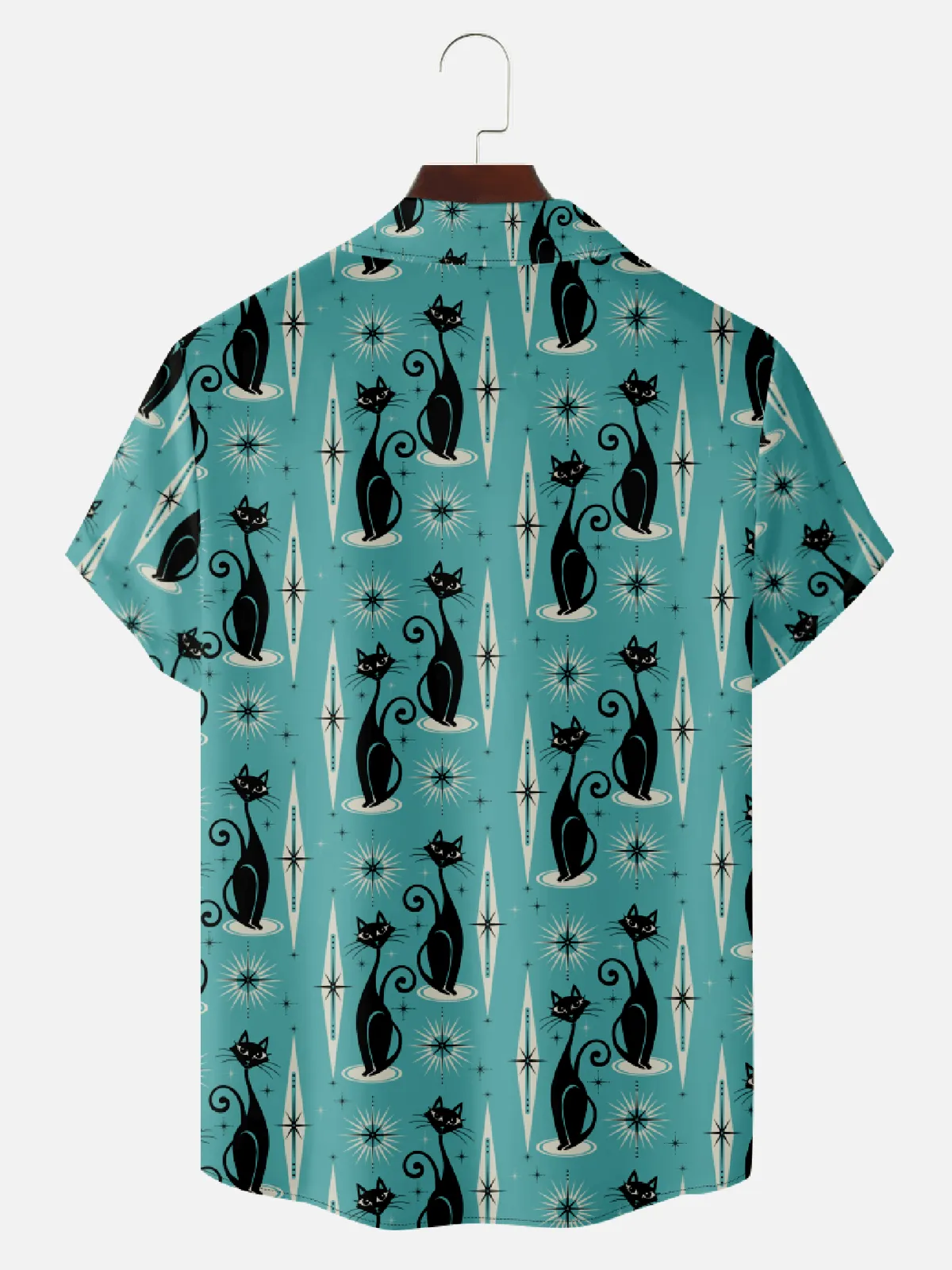 Men’s Mid-Modern Art Camp Collar Short Sleeve Shirt - Cartoon Cat Geometric Print