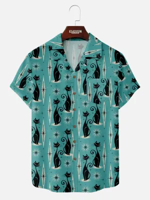 Men’s Mid-Modern Art Camp Collar Short Sleeve Shirt - Cartoon Cat Geometric Print