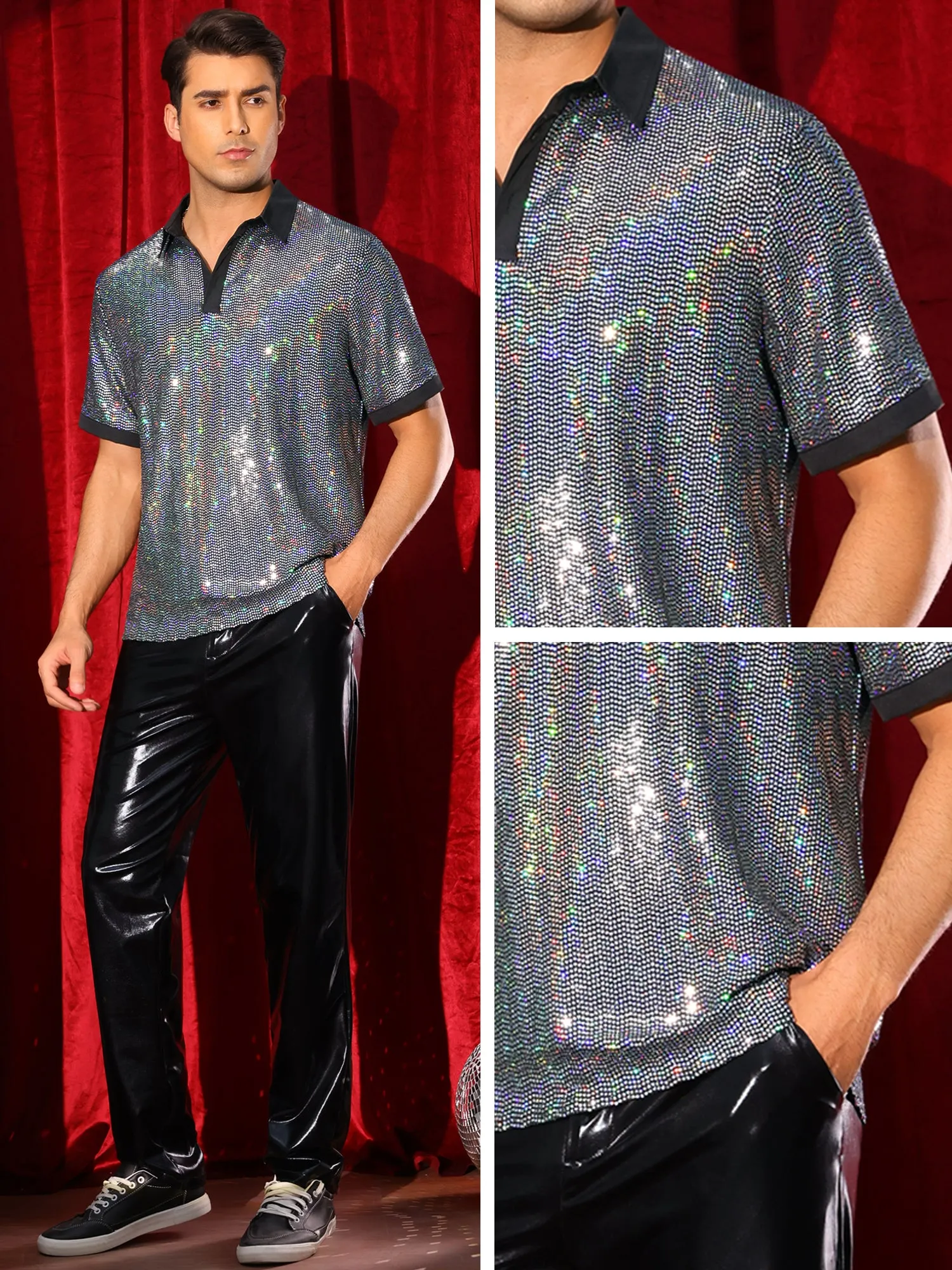Men's Sequin Contrast Color Collar Short Sleeved Party Disco Polo Shirts