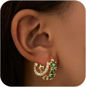 Mesovor Gold Zircon Double Hoop Earrings for Women, 14K Gold Plated Square Colored Cubic Zirconia Hoops Earrings Jewelry Gifts