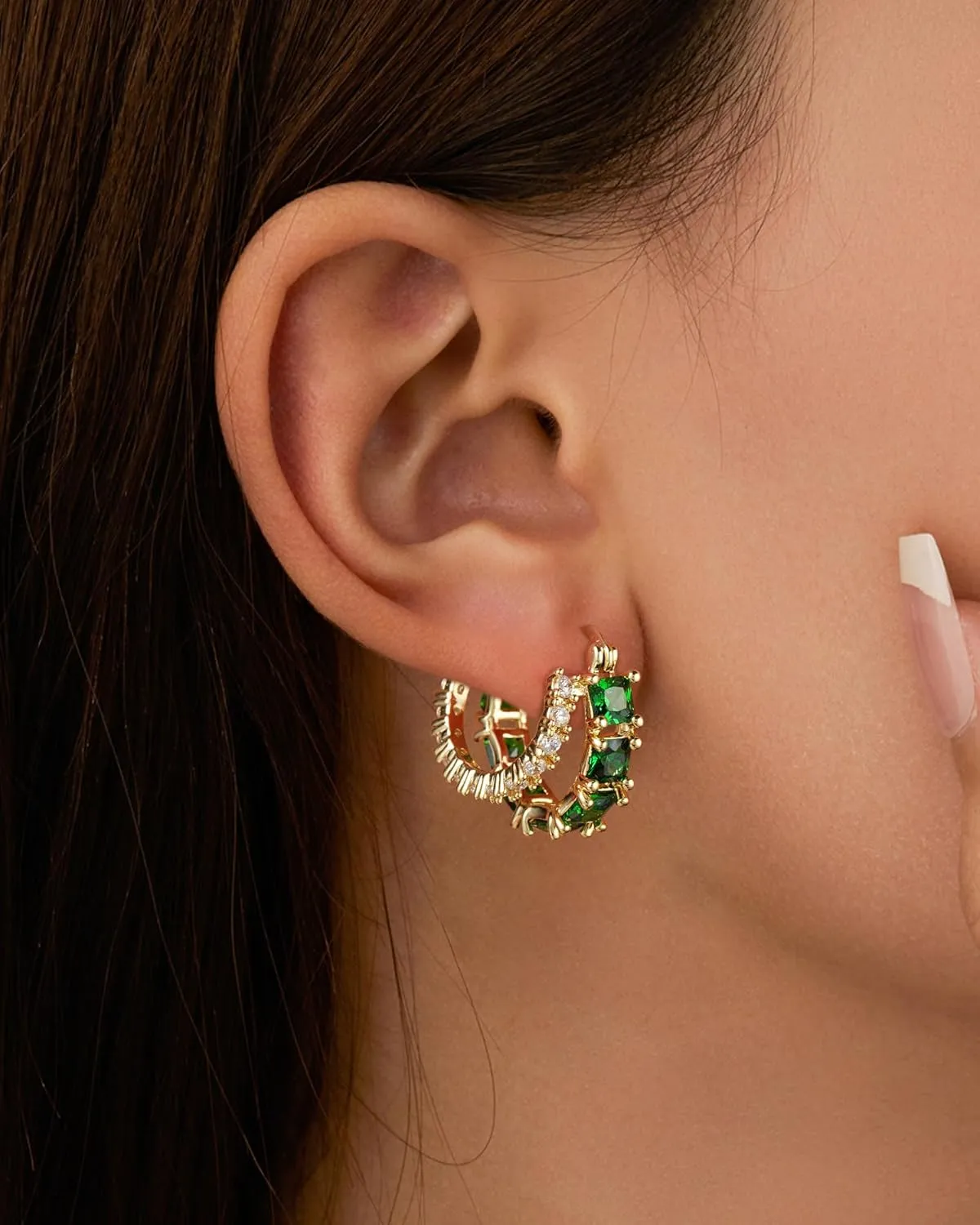 Mesovor Gold Zircon Double Hoop Earrings for Women, 14K Gold Plated Square Colored Cubic Zirconia Hoops Earrings Jewelry Gifts