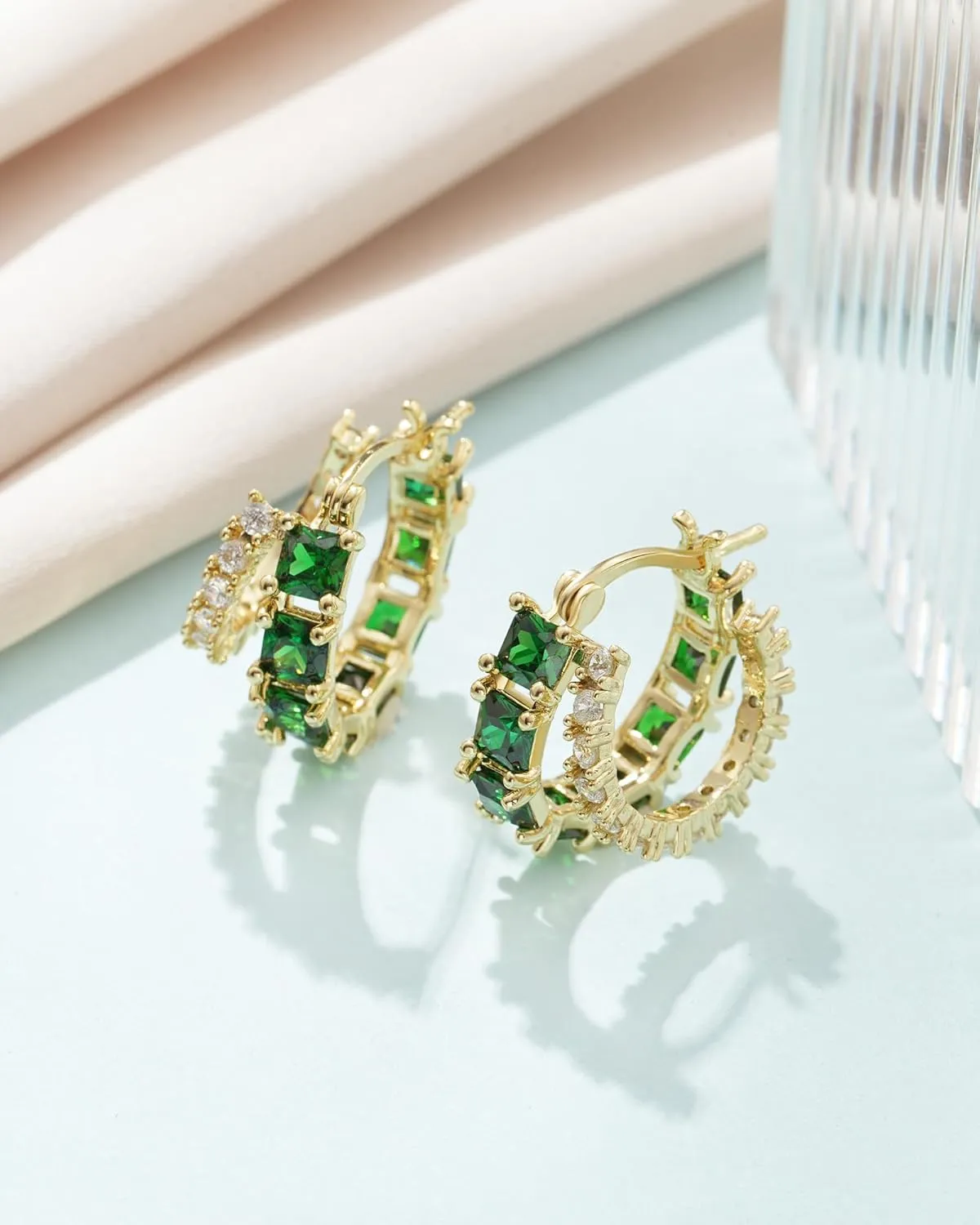 Mesovor Gold Zircon Double Hoop Earrings for Women, 14K Gold Plated Square Colored Cubic Zirconia Hoops Earrings Jewelry Gifts