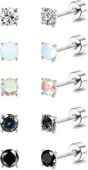 MILACOLATO 5 Pairs 925 Sterling Silver Stud Earrings for Women 20G Flat Back Earrings Helix Cartilage Earrings Cubic Zirconia Opal Earrings Comfort Back Sleep Post Earrings Hypoallergenic