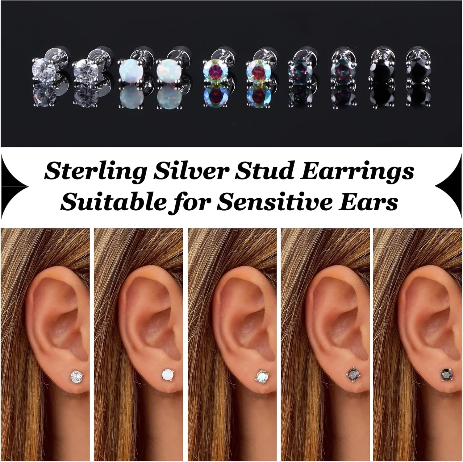 MILACOLATO 5 Pairs 925 Sterling Silver Stud Earrings for Women 20G Flat Back Earrings Helix Cartilage Earrings Cubic Zirconia Opal Earrings Comfort Back Sleep Post Earrings Hypoallergenic