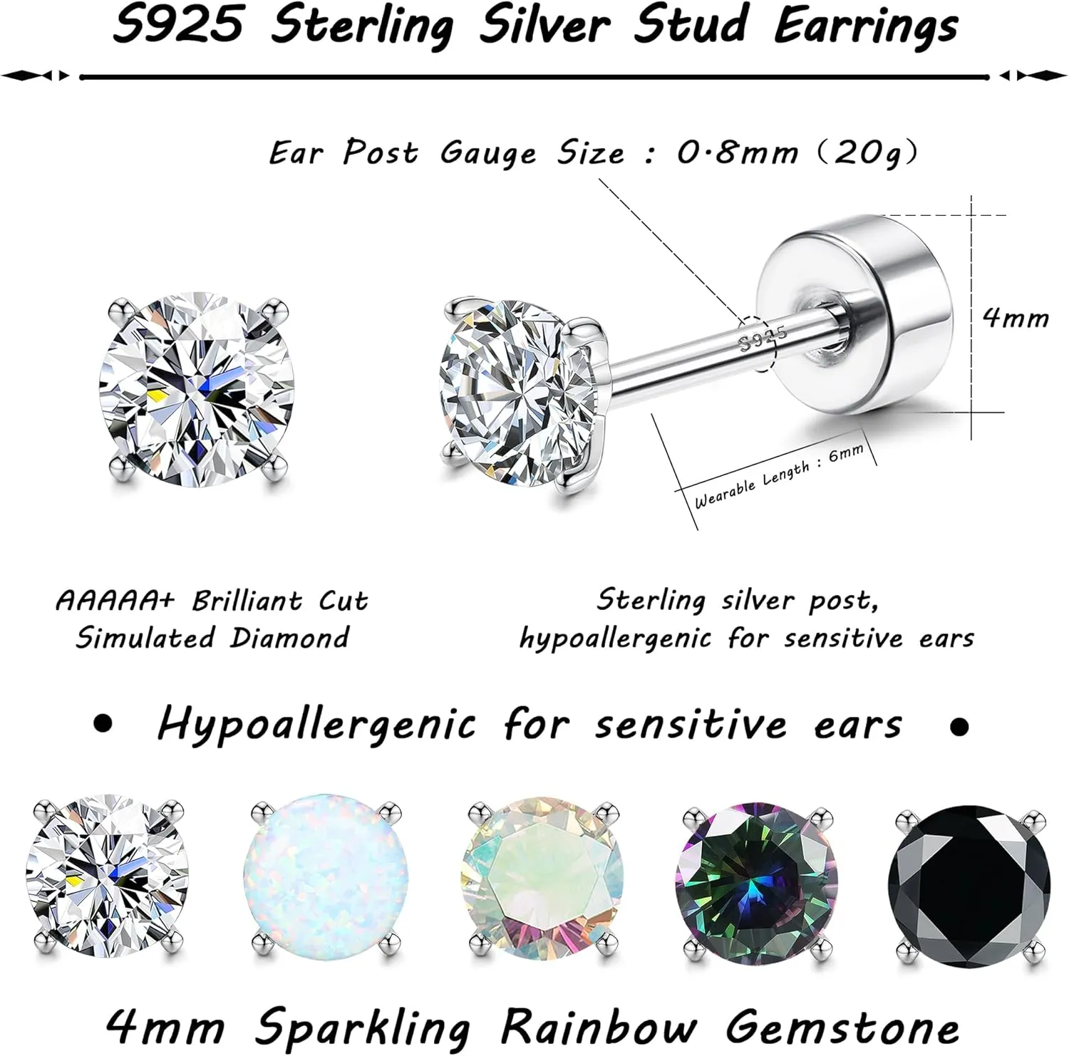 MILACOLATO 5 Pairs 925 Sterling Silver Stud Earrings for Women 20G Flat Back Earrings Helix Cartilage Earrings Cubic Zirconia Opal Earrings Comfort Back Sleep Post Earrings Hypoallergenic