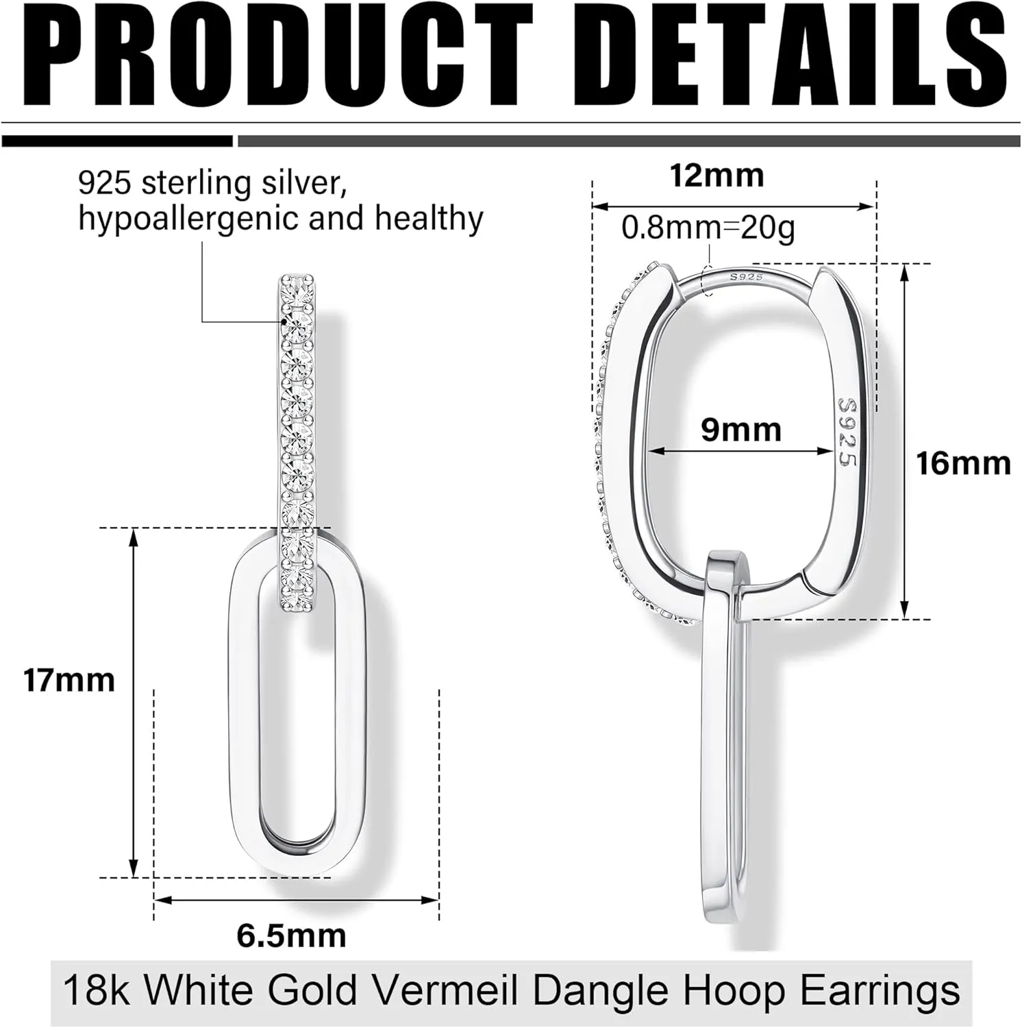 MILACOLATO 925 Sterling Silver Hoop Earrings for Women 18K Gold Silver Plated Drop Dangle Hoop Earrings with Charms Cross Spike Moon Star Paperclip Link Statement Earrings Convertible Link Huggie Earrings Hypoallergenic
