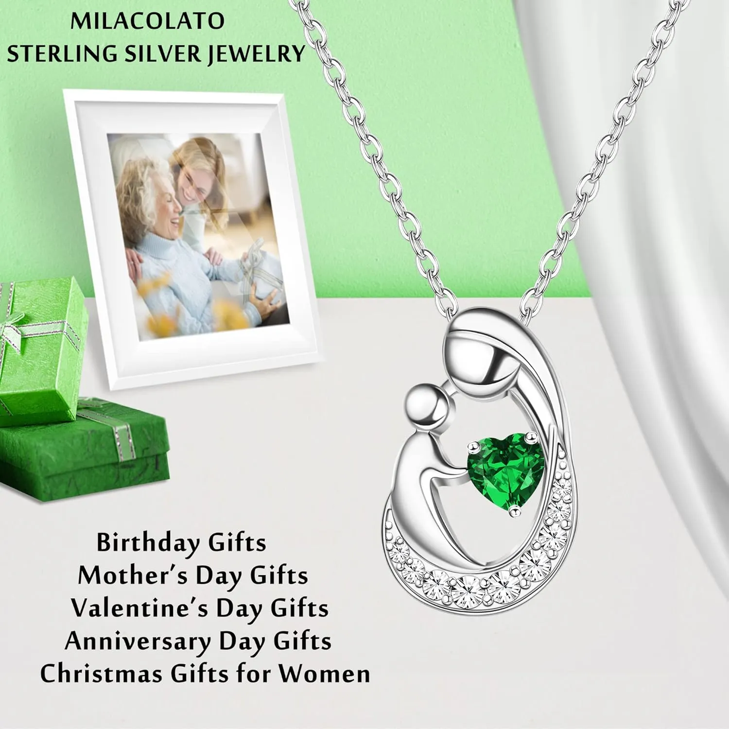 MILACOLATO Mother's Day Gifts S925 Sterling Silver Mother Daughter Necklaces 18K White Gold Filled Mom and Child Heart Birthstone Necklace Mom Pendant Necklaces for Mom New Mum Grandma Women Wife