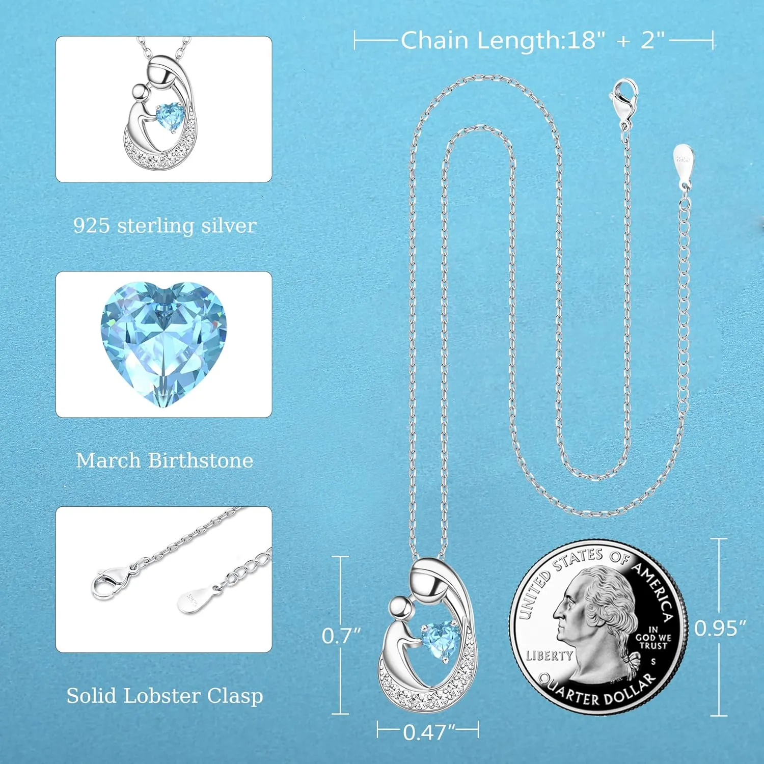 MILACOLATO Mother's Day Gifts S925 Sterling Silver Mother Daughter Necklaces 18K White Gold Filled Mom and Child Heart Birthstone Necklace Mom Pendant Necklaces for Mom New Mum Grandma Women Wife