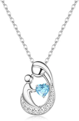 MILACOLATO Mother's Day Gifts S925 Sterling Silver Mother Daughter Necklaces 18K White Gold Filled Mom and Child Heart Birthstone Necklace Mom Pendant Necklaces for Mom New Mum Grandma Women Wife