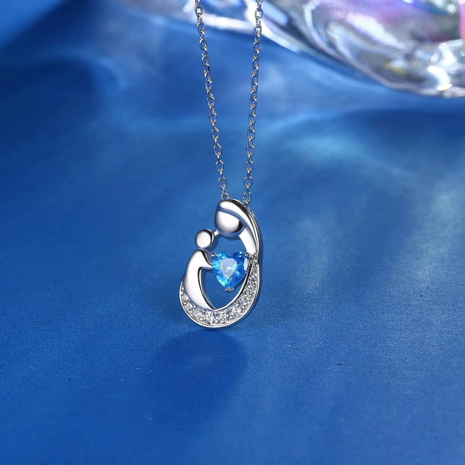 MILACOLATO Mother's Day Gifts S925 Sterling Silver Mother Daughter Necklaces 18K White Gold Filled Mom and Child Heart Birthstone Necklace Mom Pendant Necklaces for Mom New Mum Grandma Women Wife