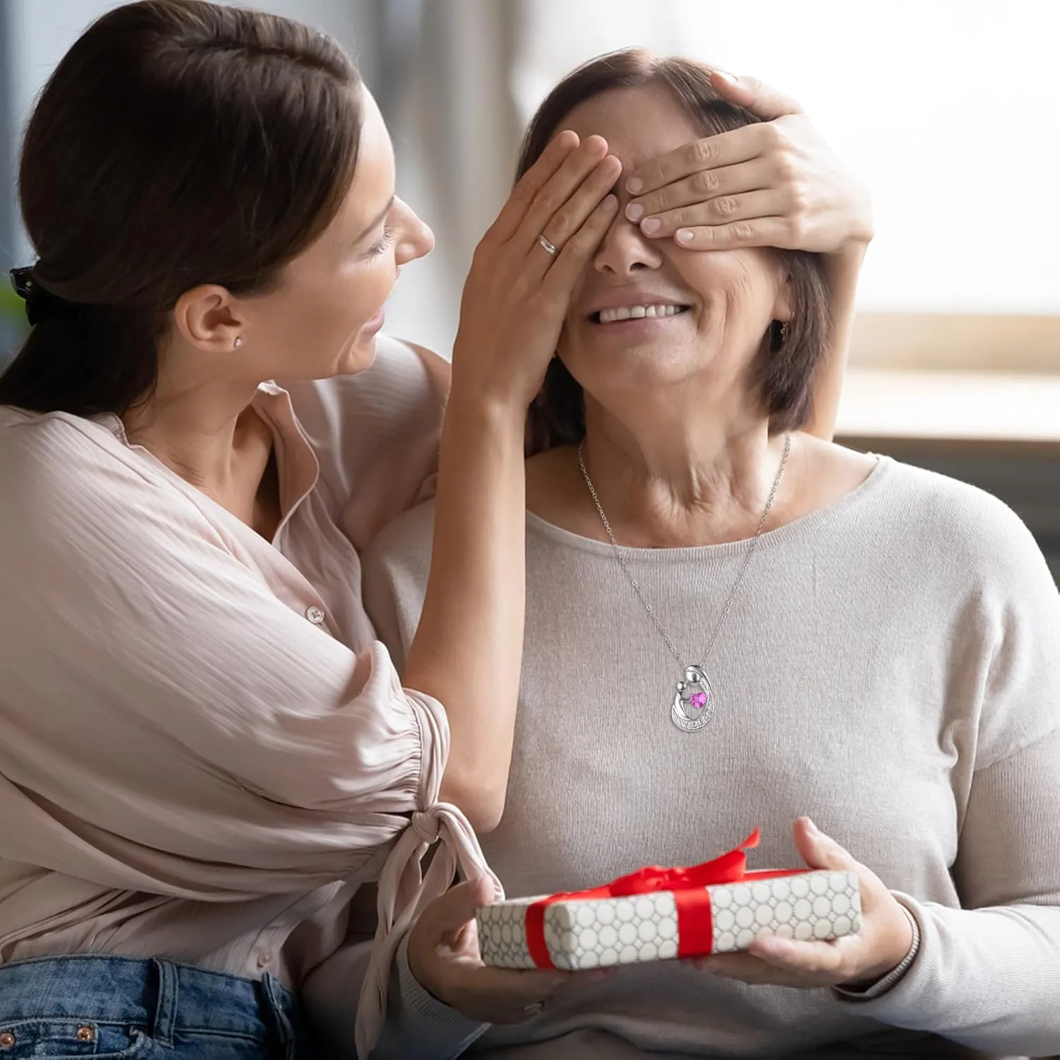 MILACOLATO Mother's Day Gifts S925 Sterling Silver Mother Daughter Necklaces 18K White Gold Filled Mom and Child Heart Birthstone Necklace Mom Pendant Necklaces for Mom New Mum Grandma Women Wife