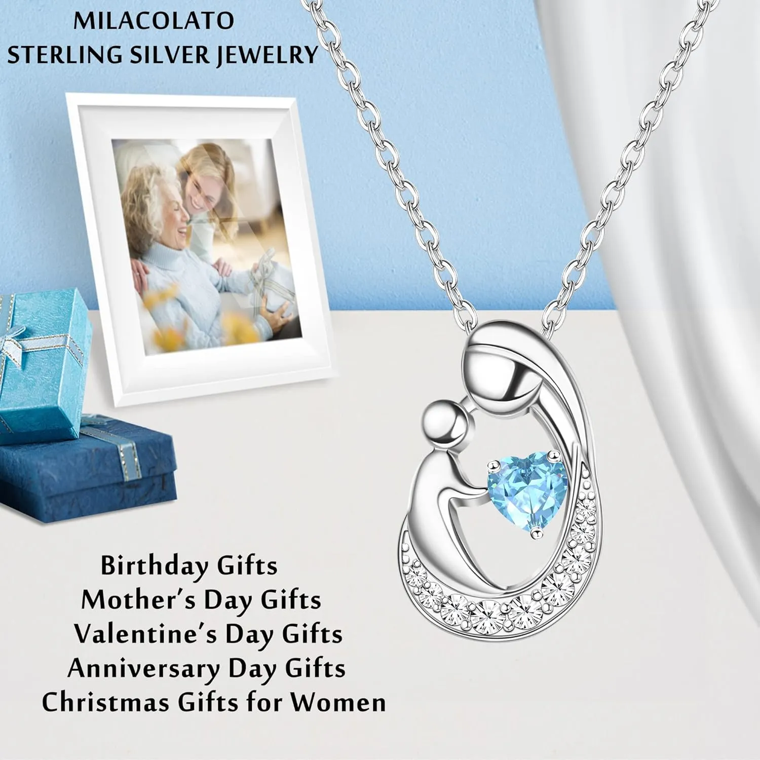 MILACOLATO Mother's Day Gifts S925 Sterling Silver Mother Daughter Necklaces 18K White Gold Filled Mom and Child Heart Birthstone Necklace Mom Pendant Necklaces for Mom New Mum Grandma Women Wife