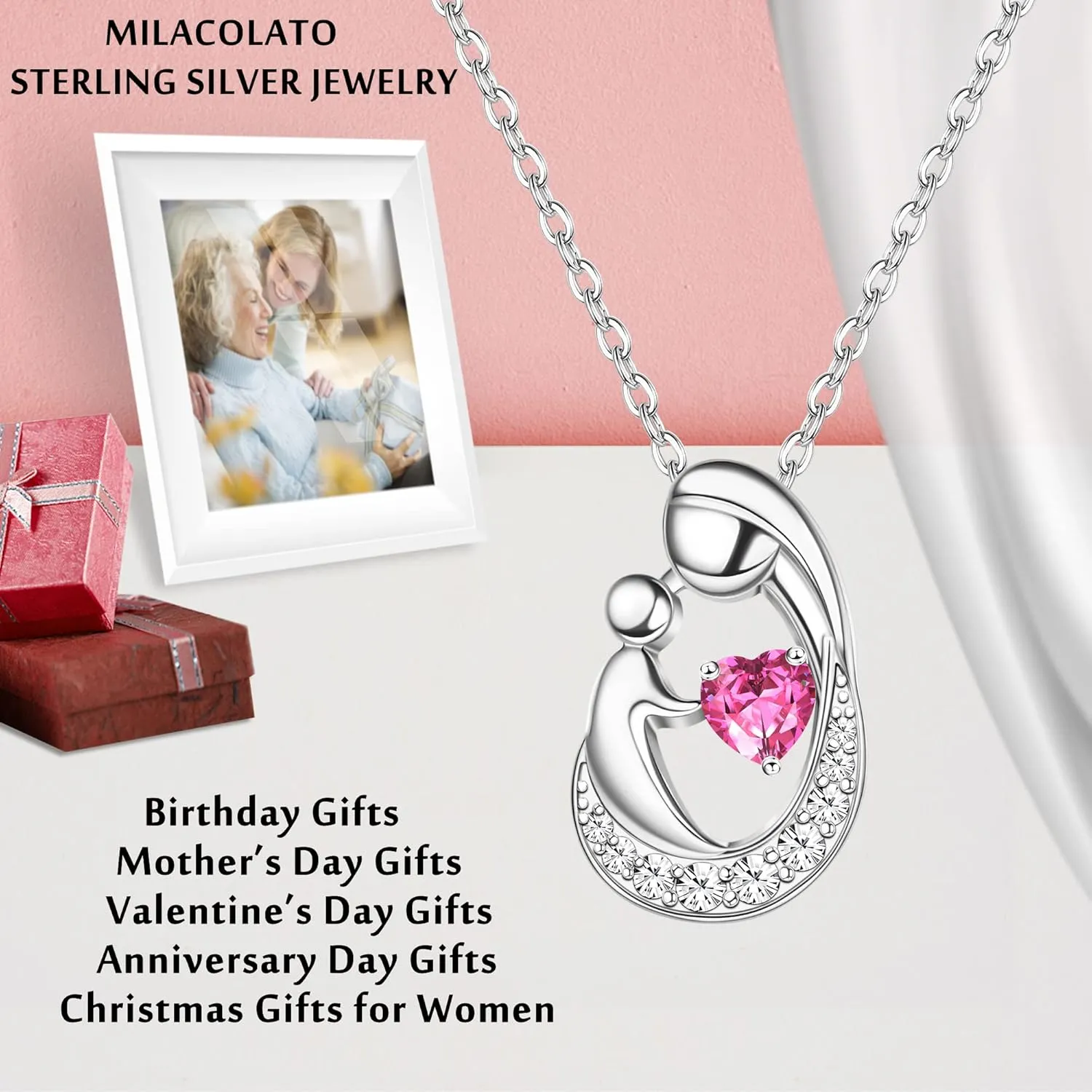 MILACOLATO Mother's Day Gifts S925 Sterling Silver Mother Daughter Necklaces 18K White Gold Filled Mom and Child Heart Birthstone Necklace Mom Pendant Necklaces for Mom New Mum Grandma Women Wife