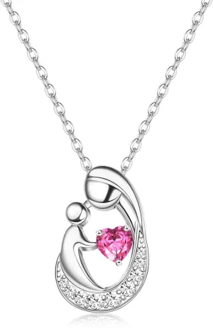 MILACOLATO Mother's Day Gifts S925 Sterling Silver Mother Daughter Necklaces 18K White Gold Filled Mom and Child Heart Birthstone Necklace Mom Pendant Necklaces for Mom New Mum Grandma Women Wife