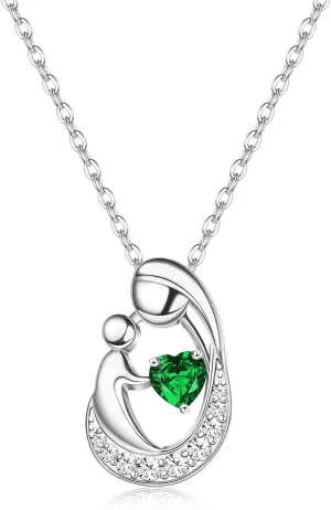 MILACOLATO Mother's Day Gifts S925 Sterling Silver Mother Daughter Necklaces 18K White Gold Filled Mom and Child Heart Birthstone Necklace Mom Pendant Necklaces for Mom New Mum Grandma Women Wife