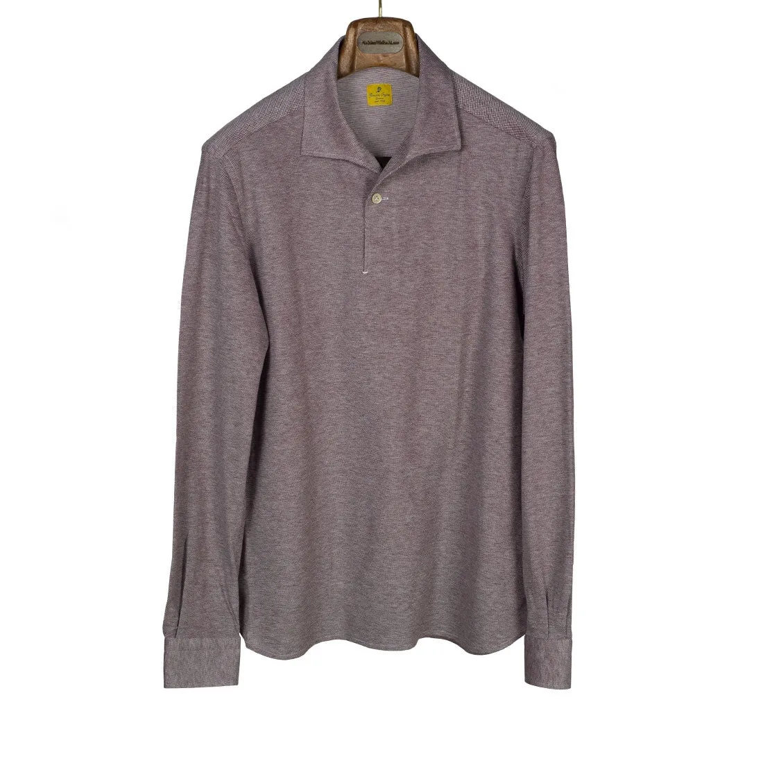 Mixed maroon cotton pique long sleeve polo shirt, one-piece "Miami" collar