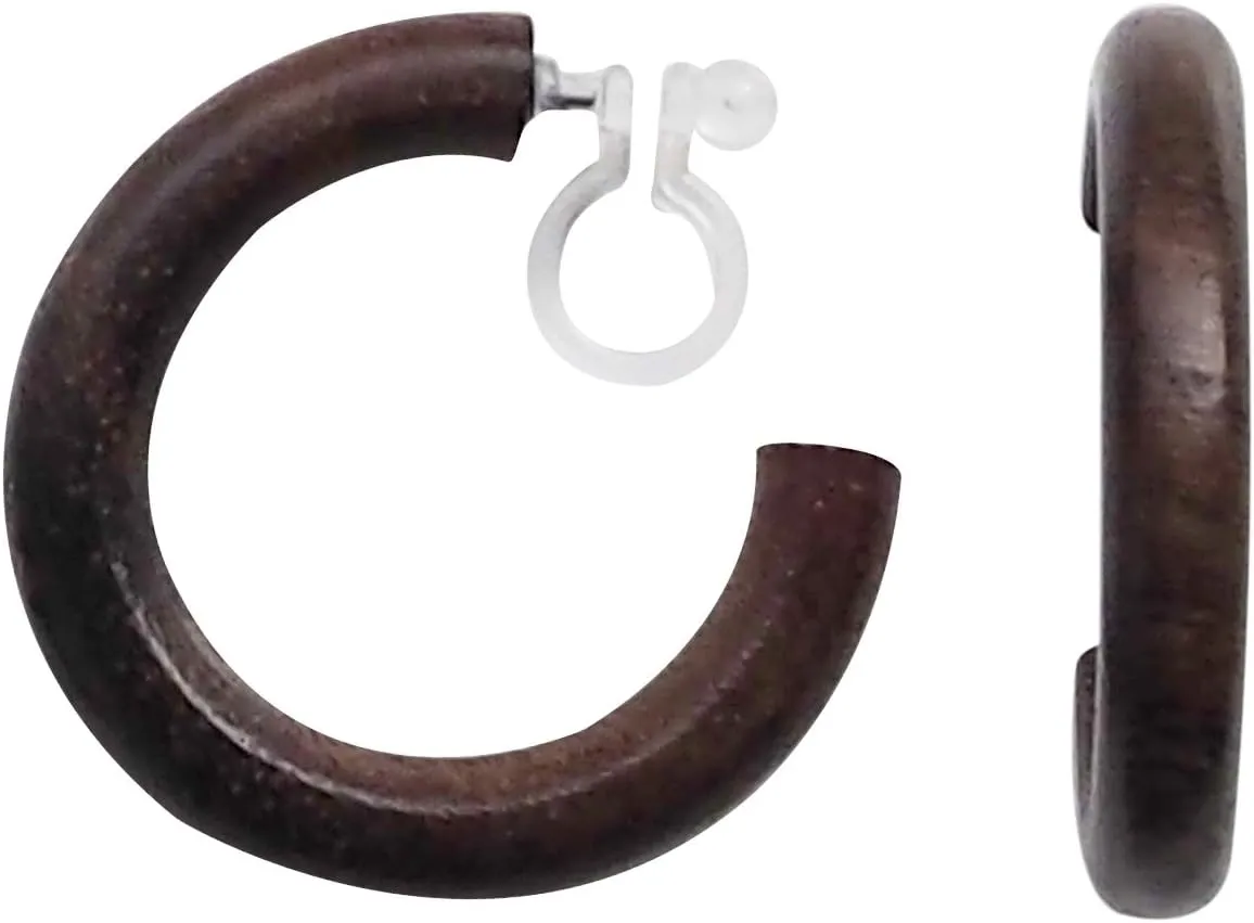 MiyabiGrace Elegant Thick White Wood Invisible Clip On Hoop Earrings for Women Brown Comfortable Large Hoop Non Pierced Earrings
